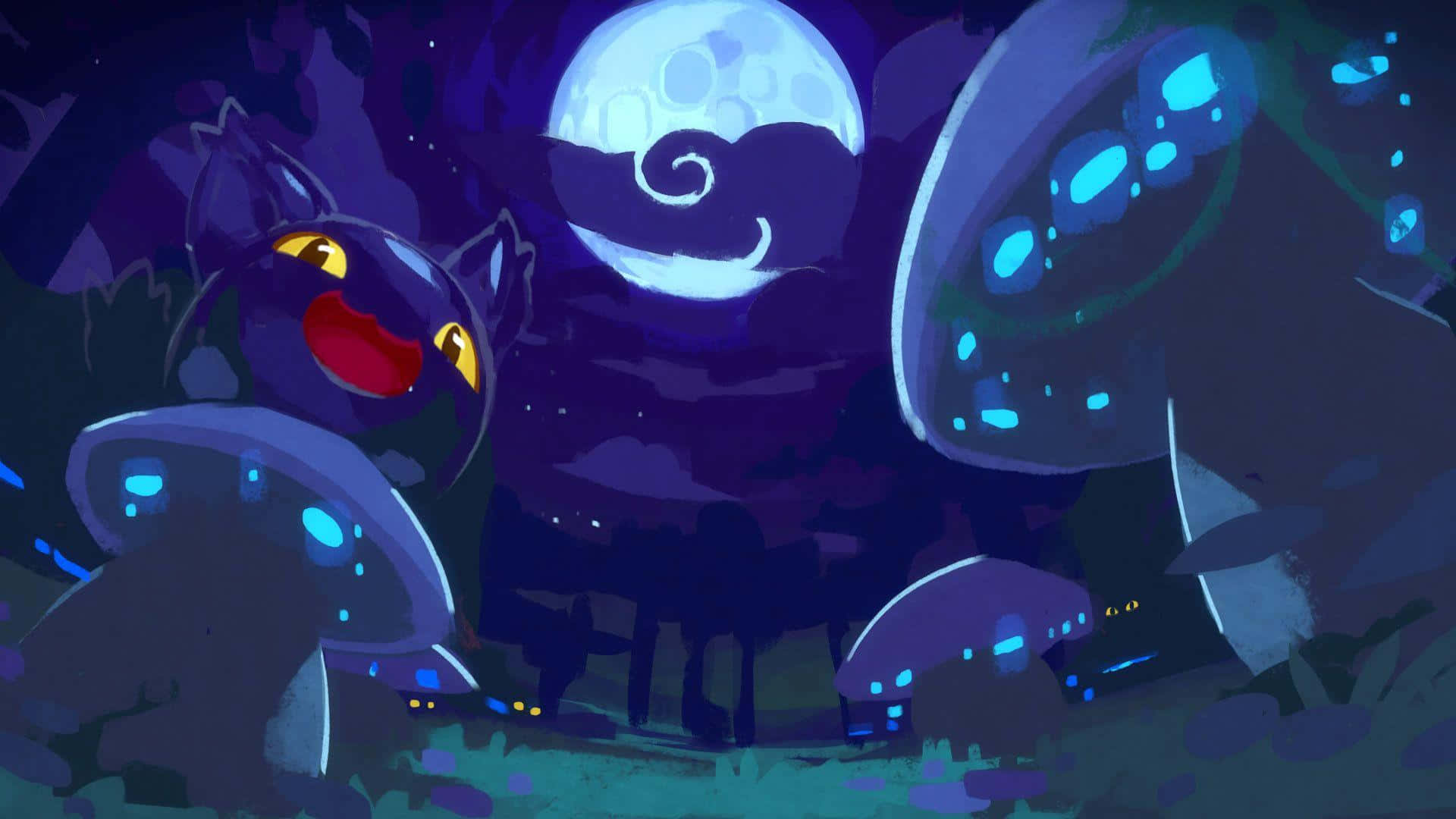 A Dark Forest With A Moon And Mushrooms Background