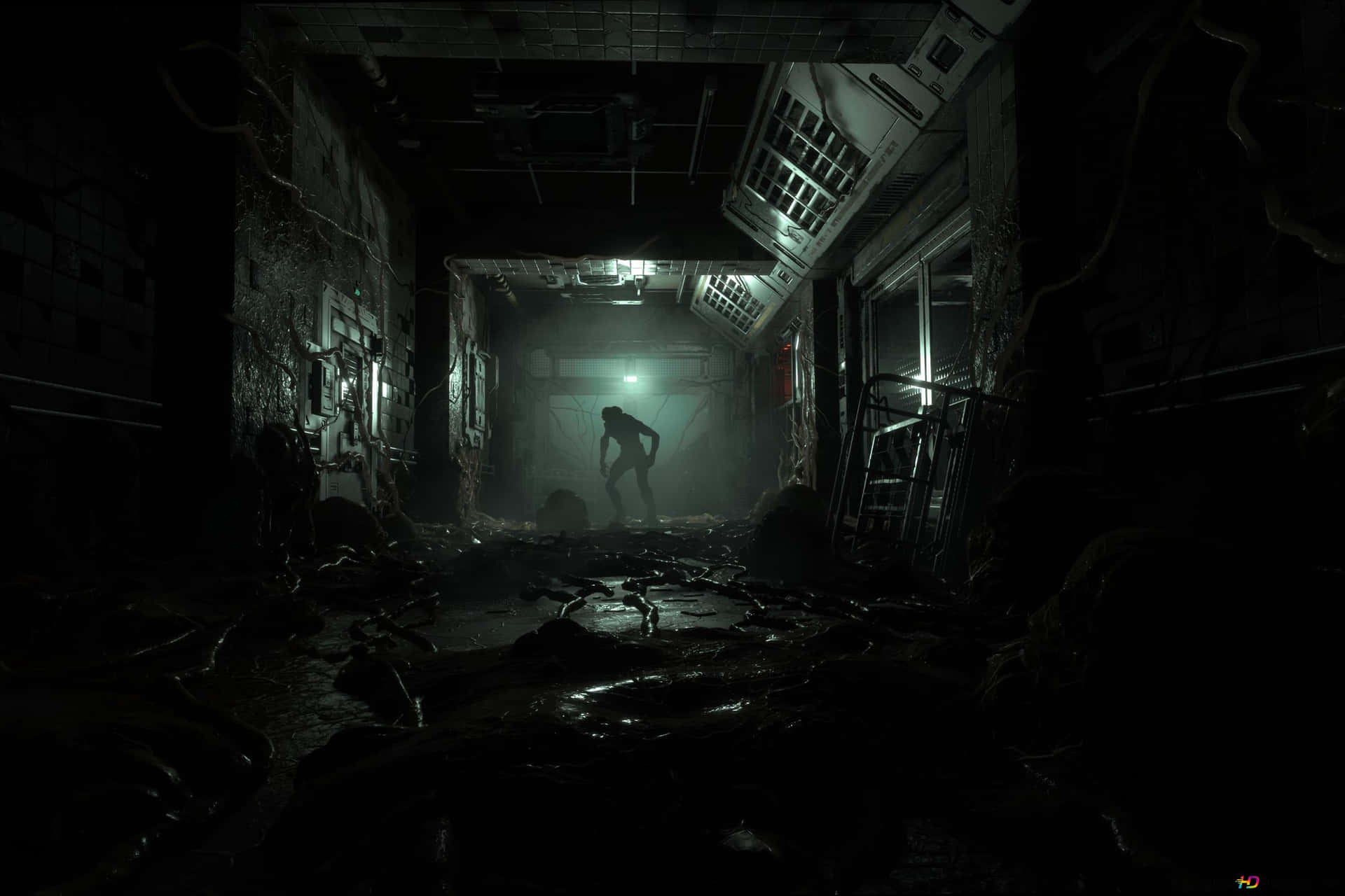 A Dark Hallway With A Person Walking Through It Background