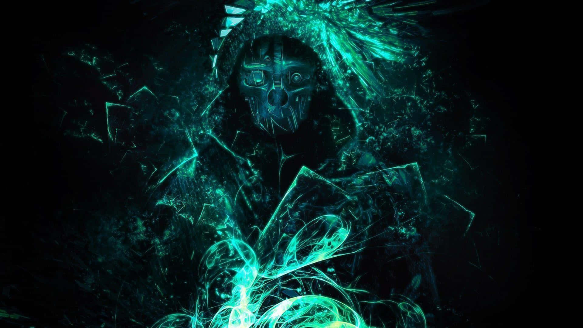 A Dark Image Of A Man In A Hood With Green Lights Background