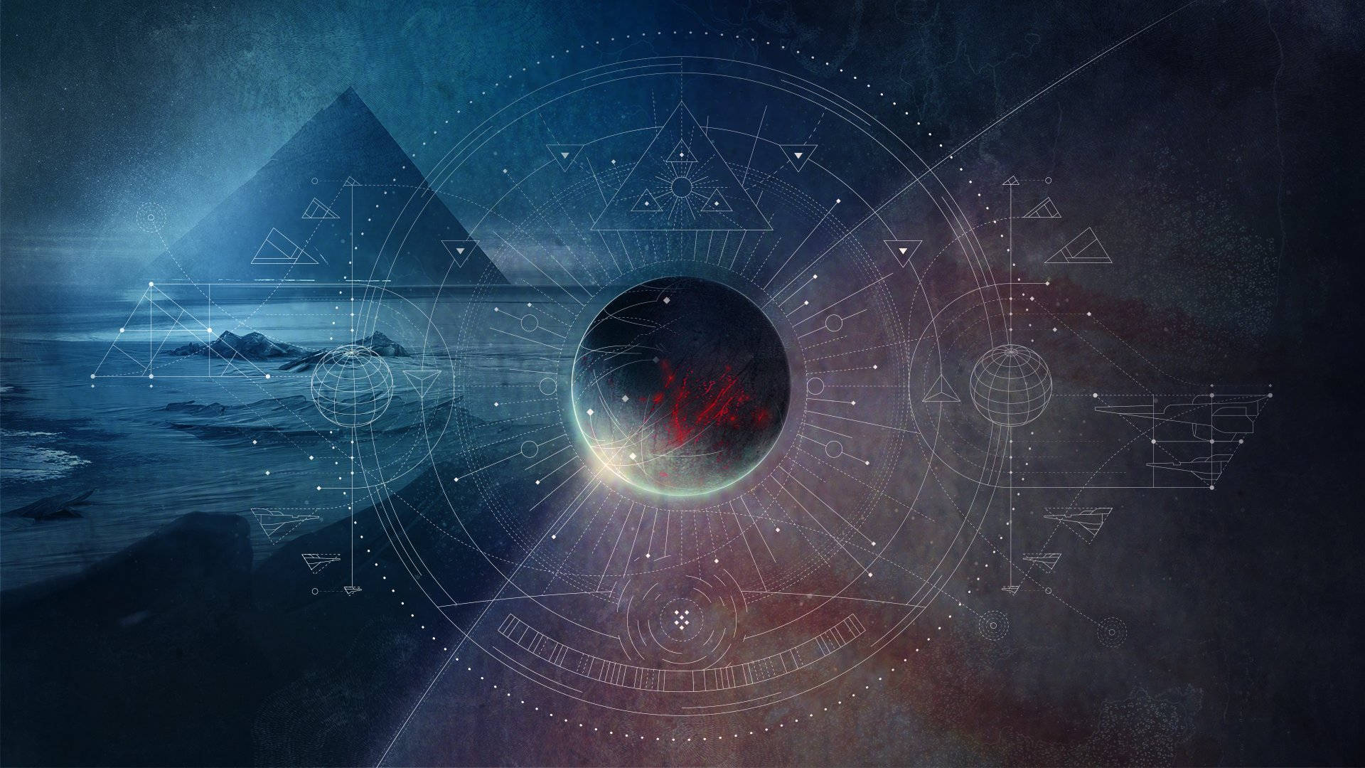 A Dark Image Of A Pyramid And A Spaceship Background