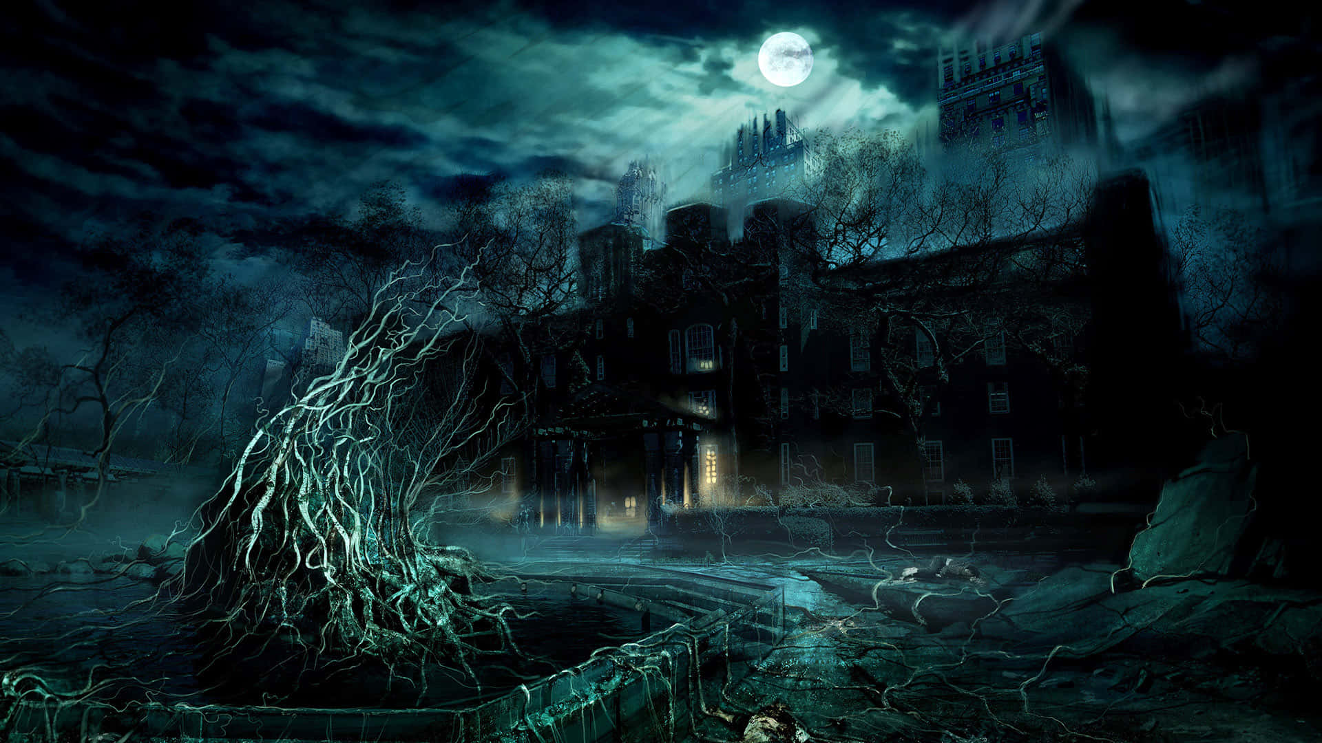 A Dark Night Scene With A Castle And Trees Background