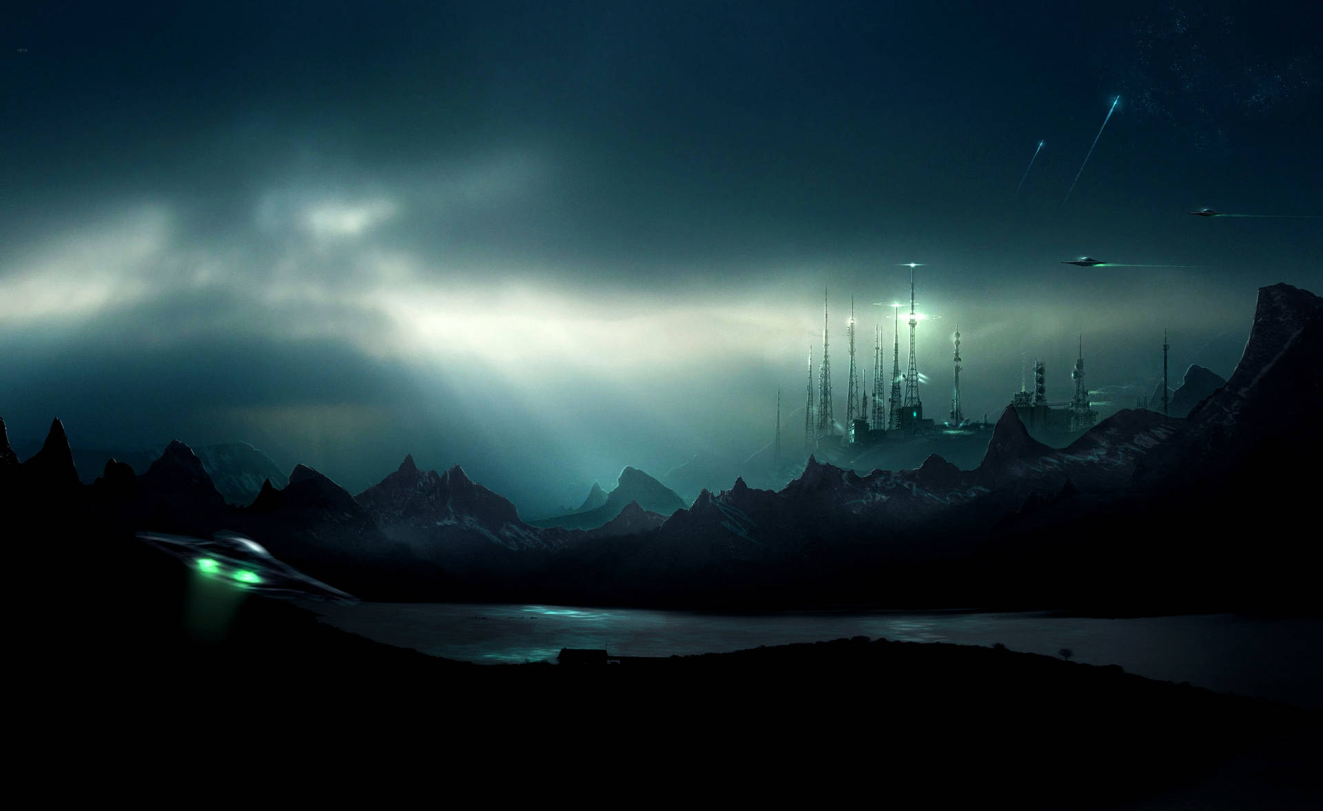 A Dark Night Scene With A City And Mountains Background