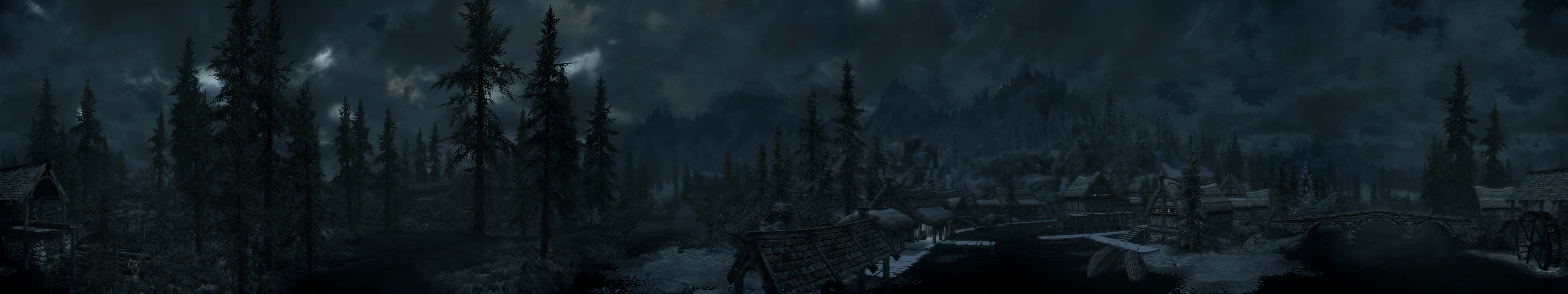 A Dark Night Scene With Trees And A Dark Sky Background
