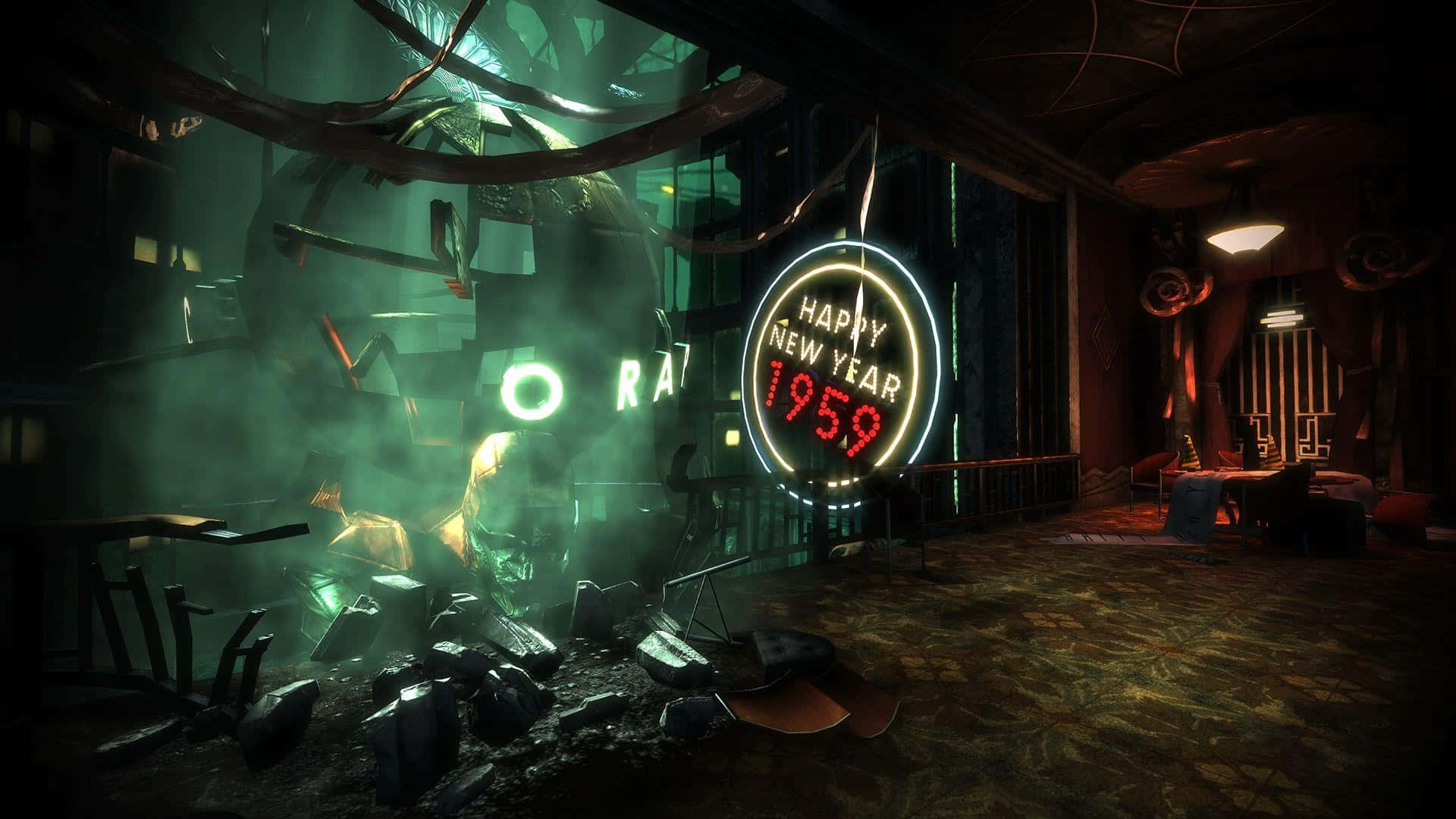 A Dark Room With A Neon Sign And A Clock Background