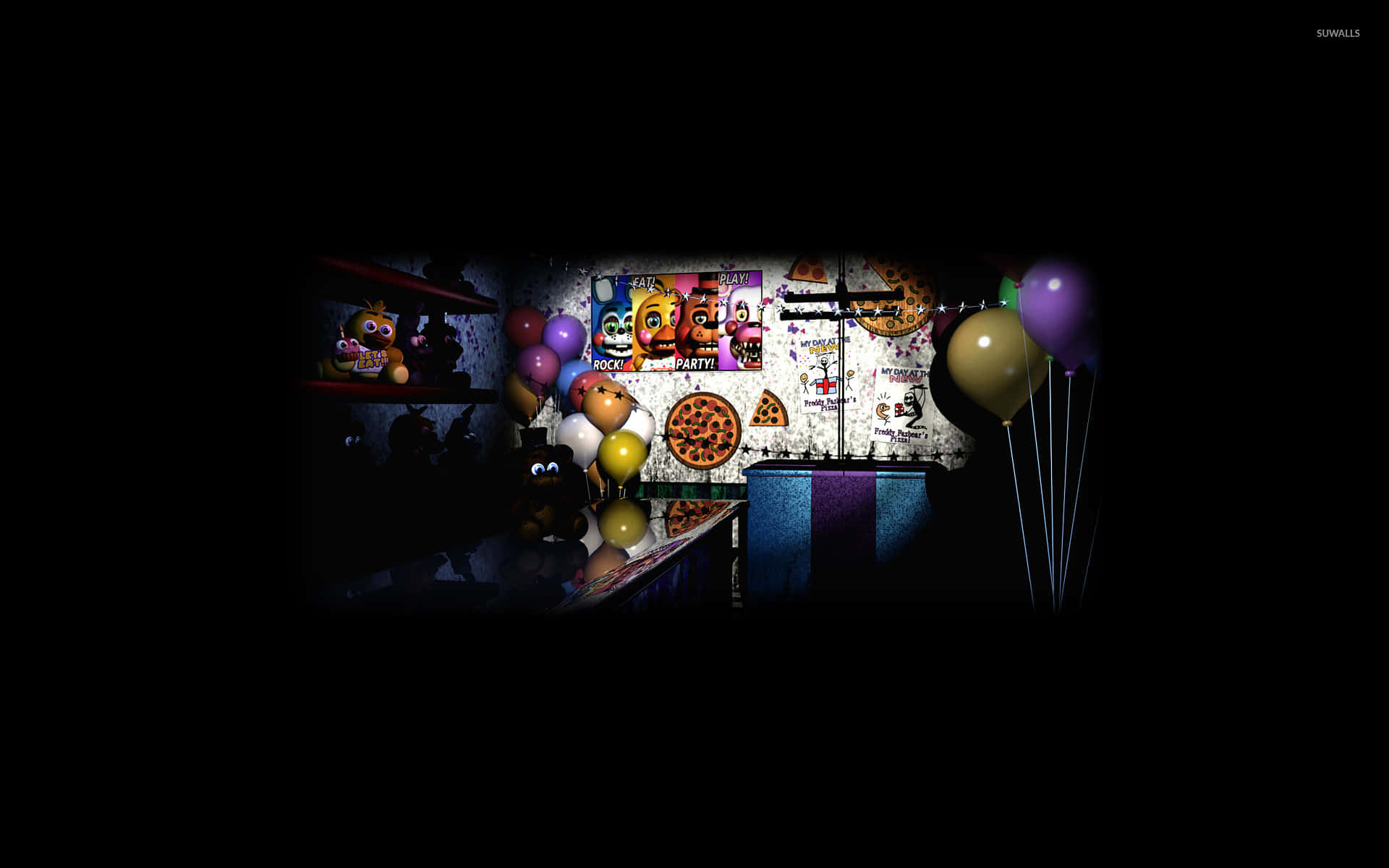 A Dark Room With Balloons And Decorations Background