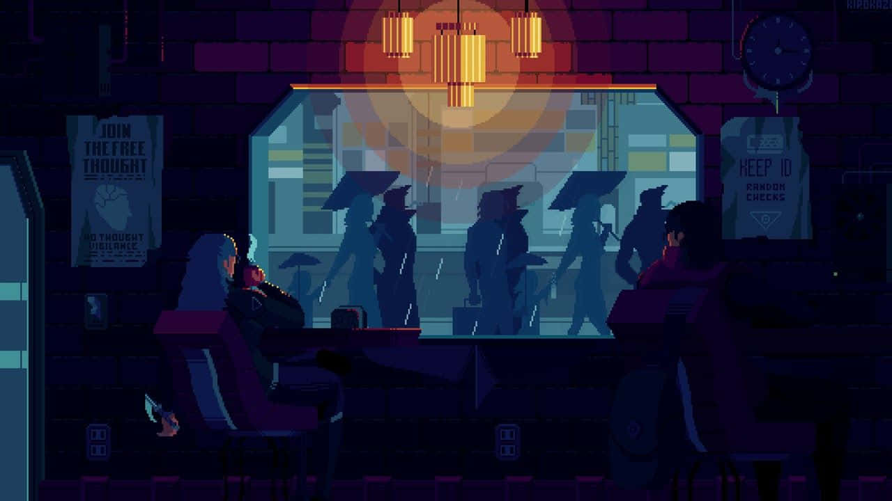A Dark Scene With People Sitting At A Table Background