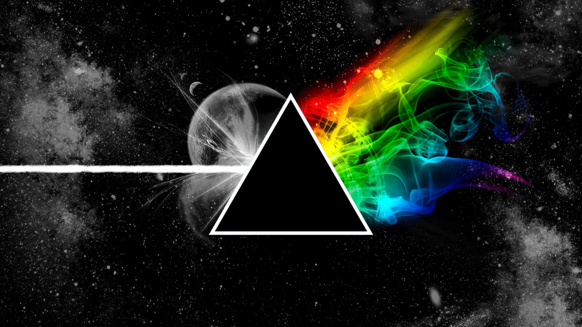 A Dark Side Of The Moon With Rainbow Smoke Coming Out Of It Background