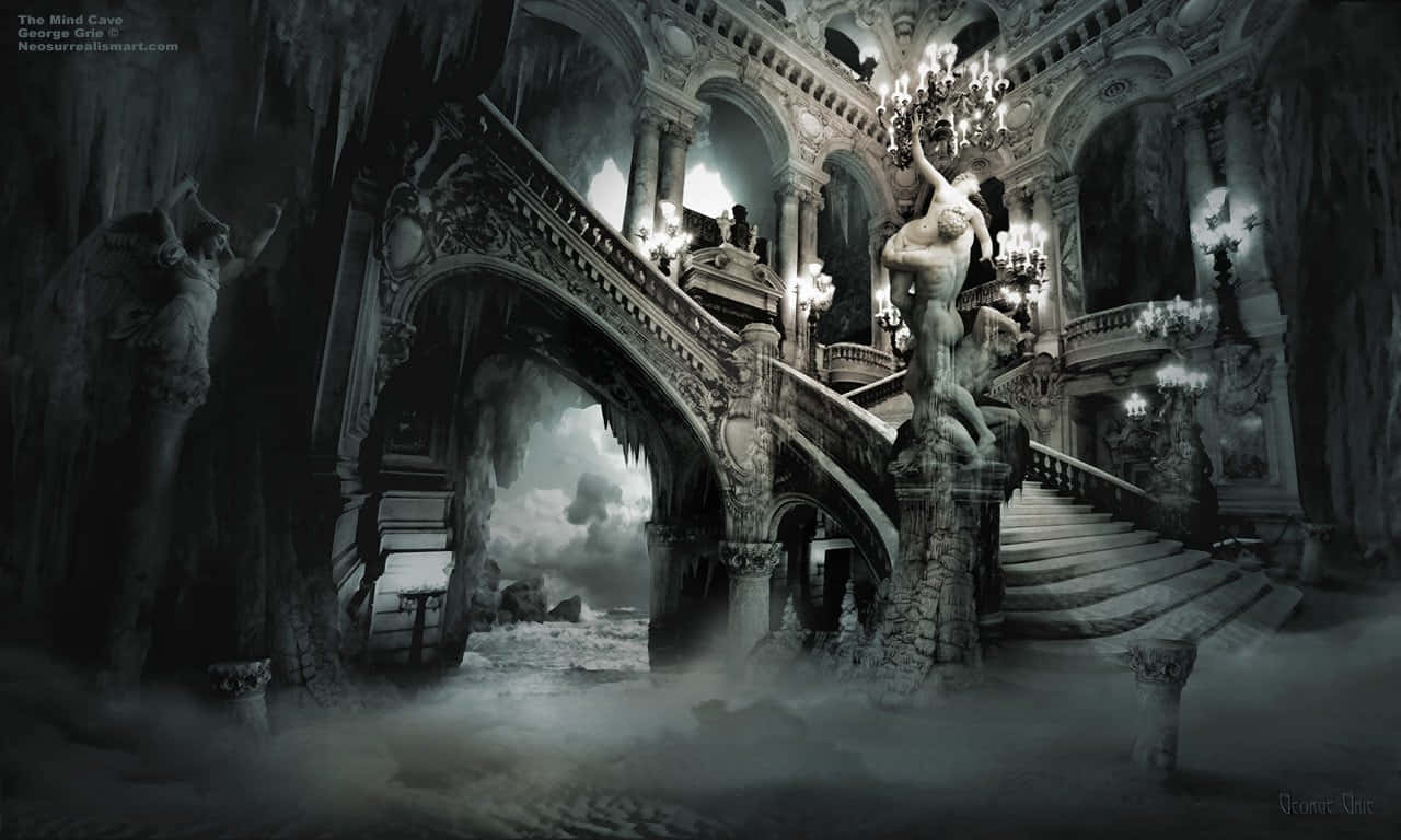 A Dark Staircase With A Staircase And A Chandelier Background
