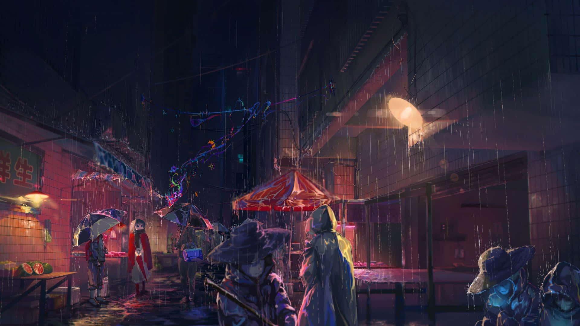 A Dark Street Scene With People Walking In The Rain Background