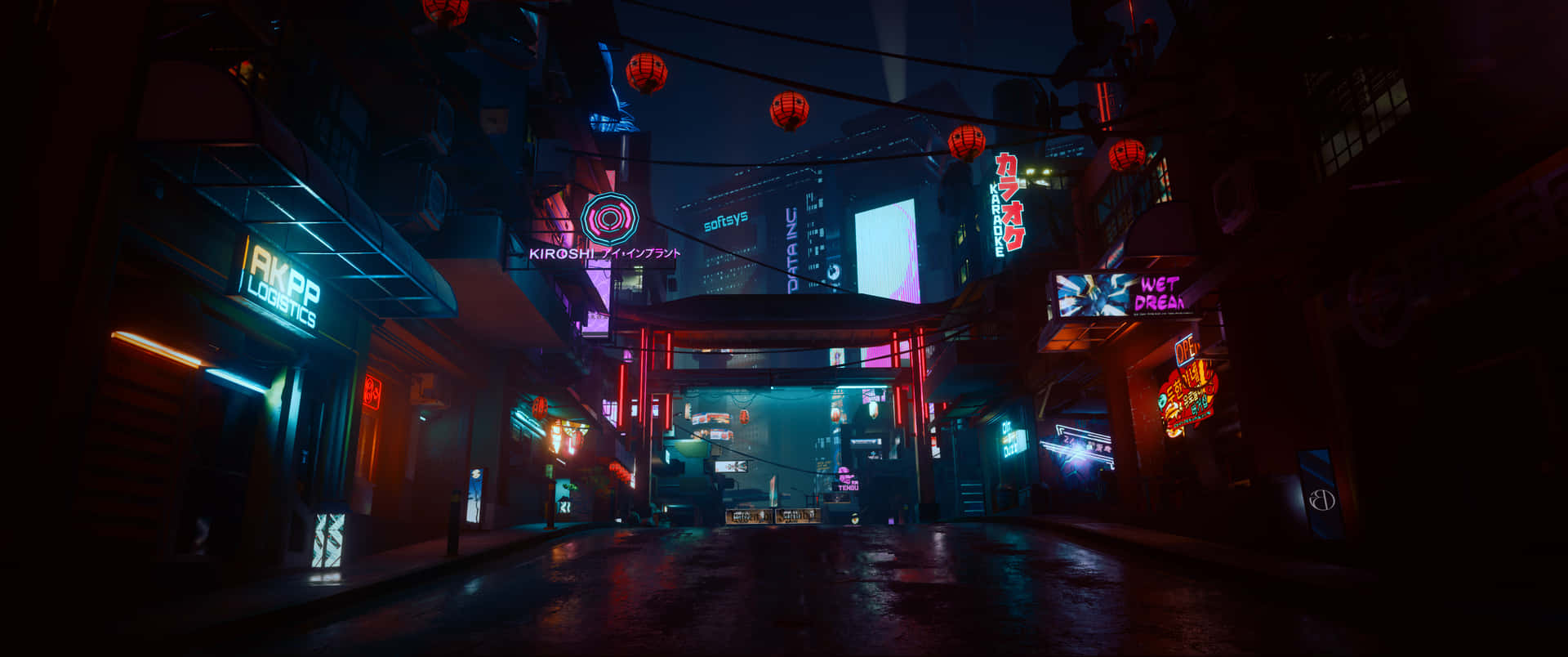 A Dark Street With Neon Lights And Neon Signs Background
