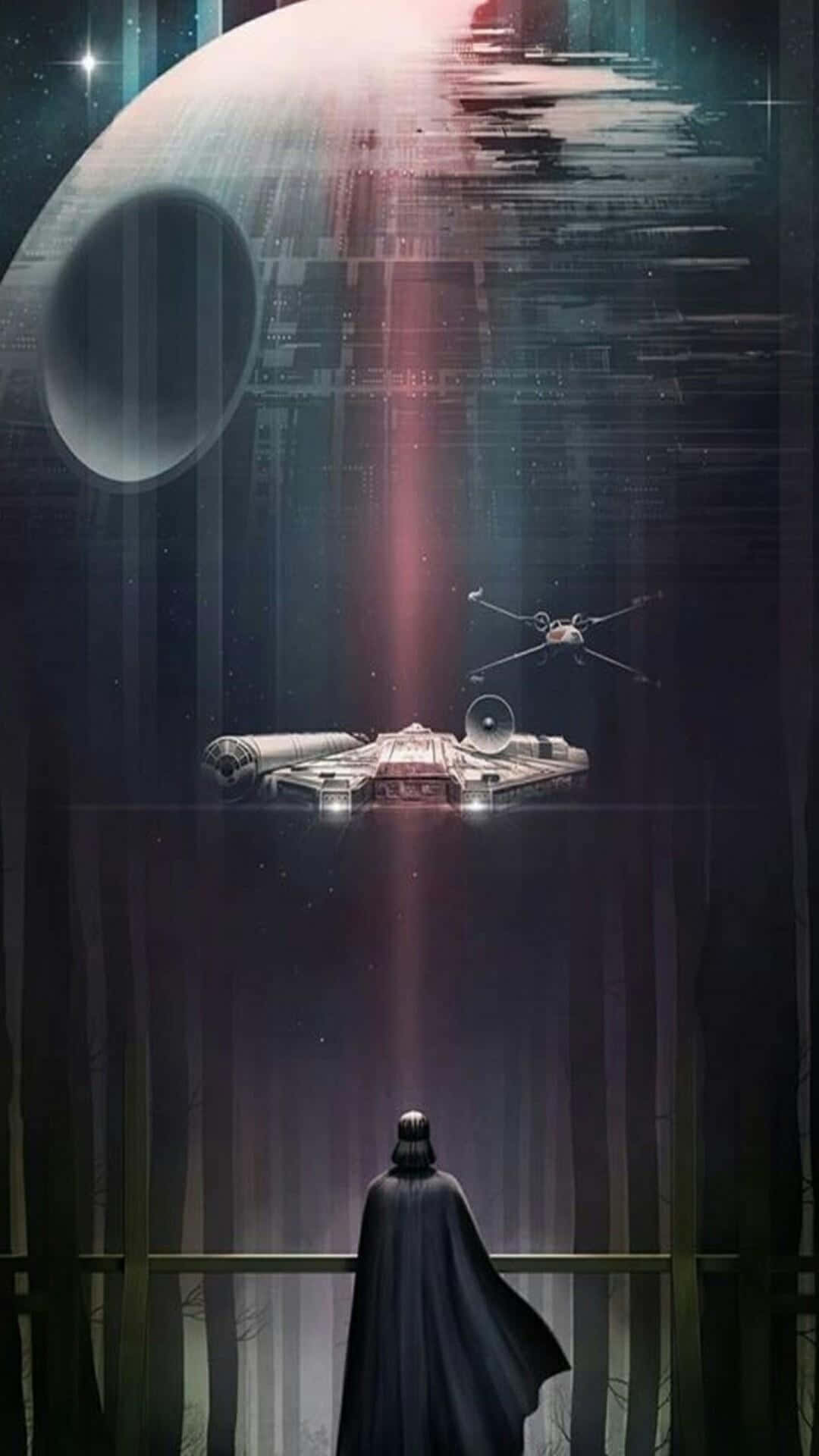 A Darth Vader Is Standing In Front Of A Star Wars Poster Background