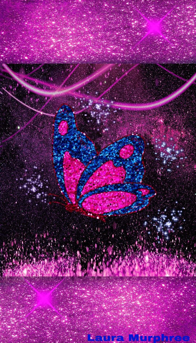 A Dazzling Glitter Butterfly Flutters Against A Bright Blue Sky. Background
