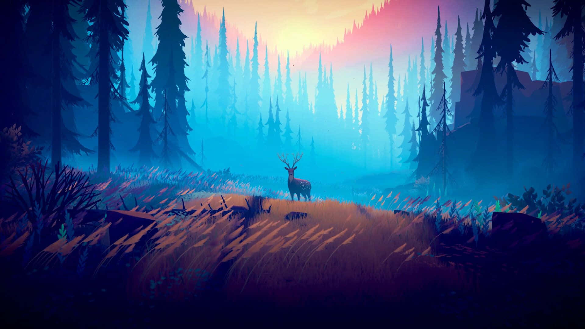 A Deer In The Forest At Sunset Background