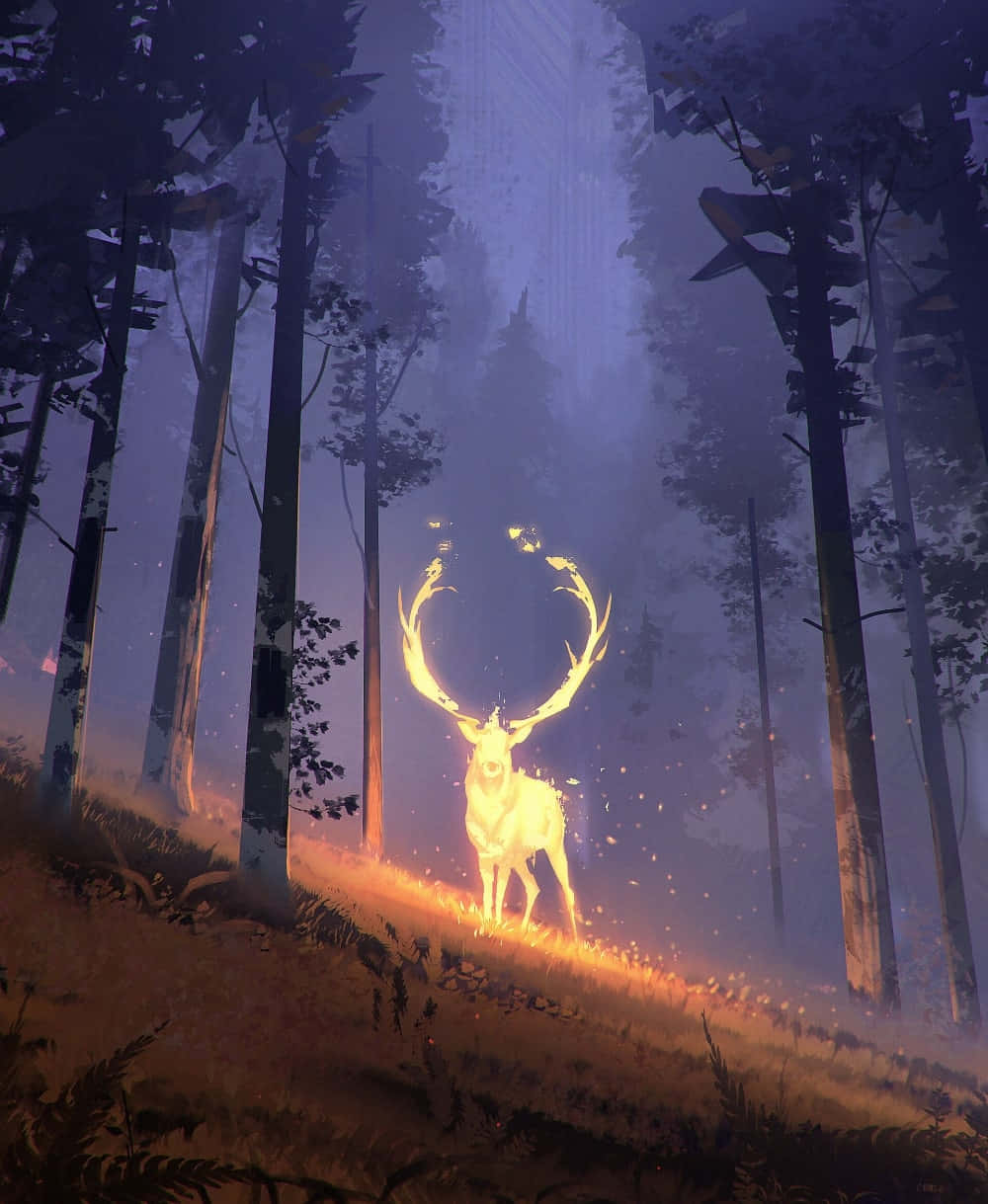 A Deer In The Forest With Glowing Horns Background