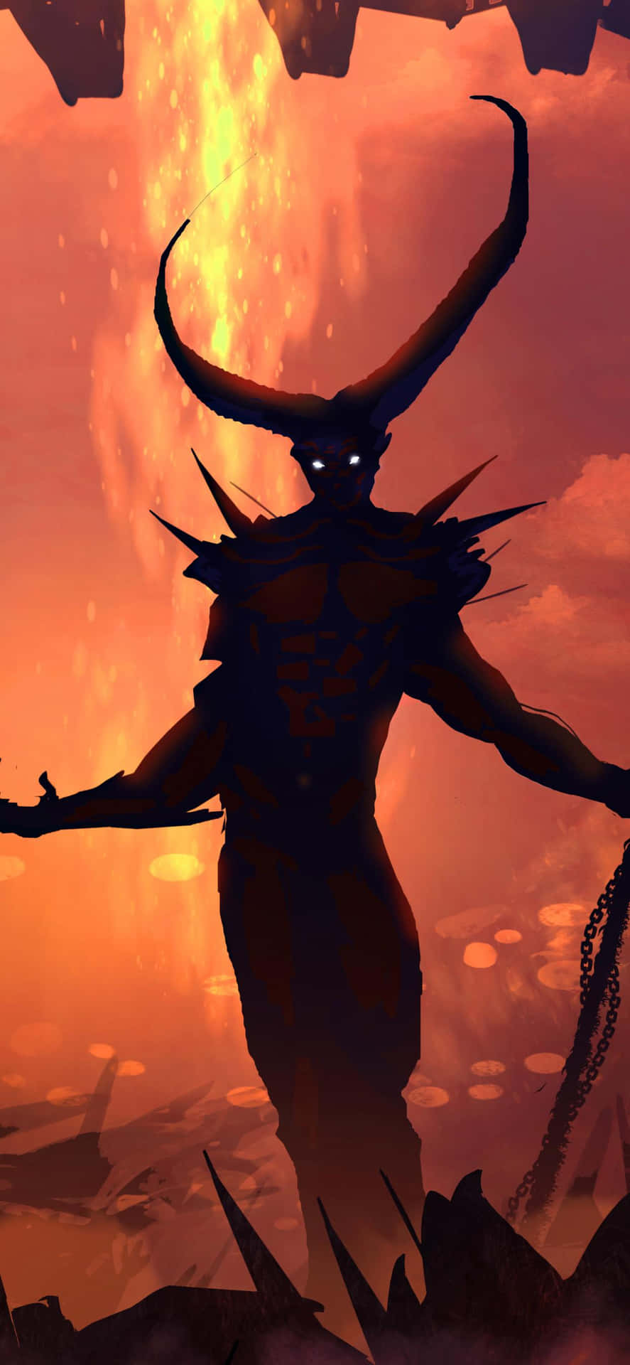 A Demon With Horns Standing In Front Of A Fire Background