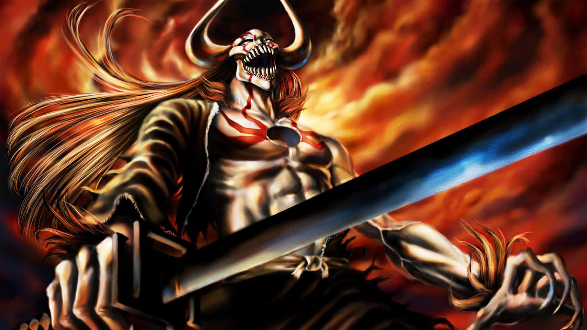 A Demon With Long Hair And A Sword Background