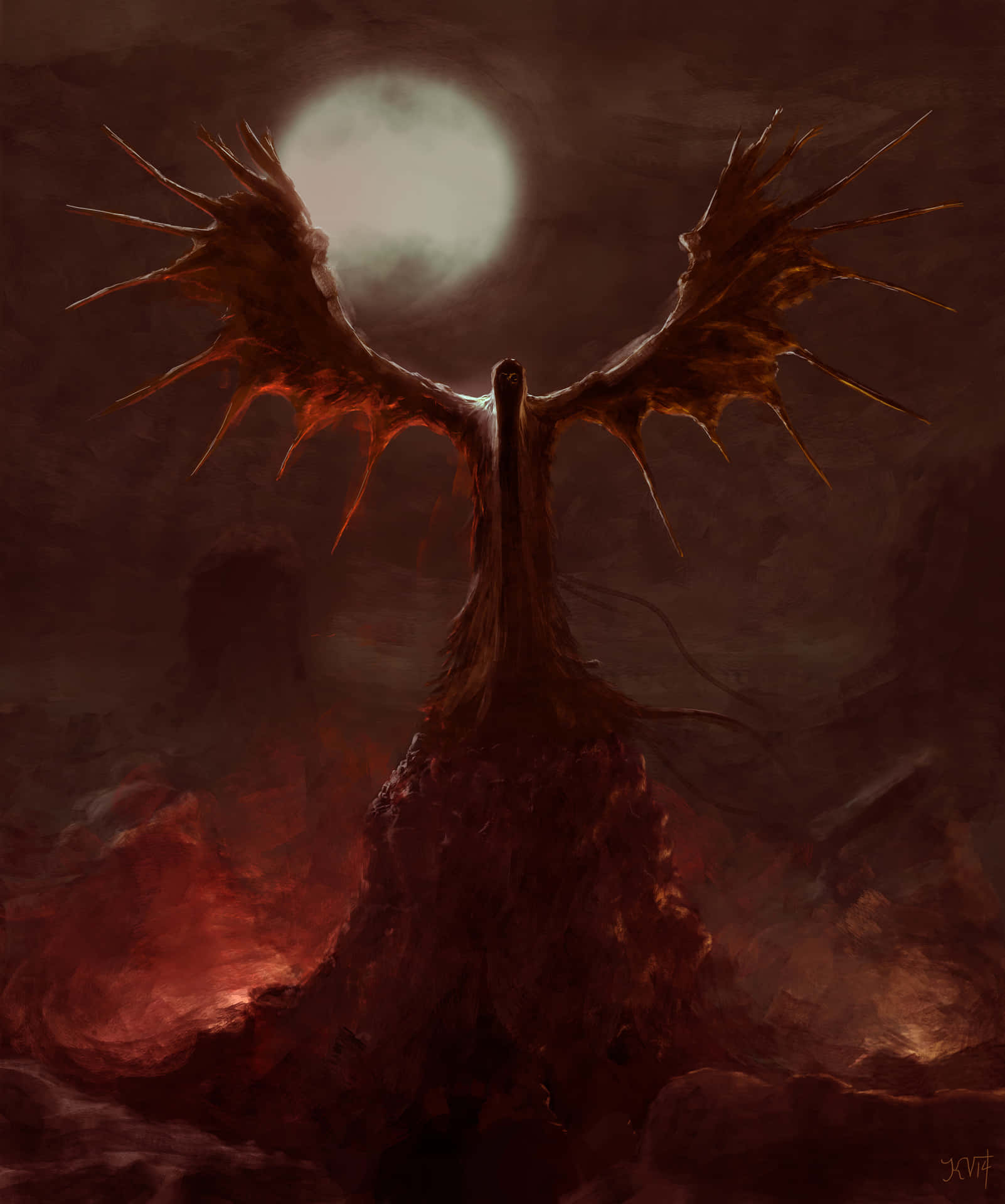 A Demon With Wings Standing On A Mountain Background