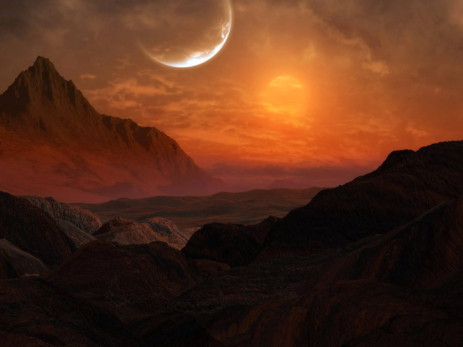 A Desert Landscape With A Moon And Sun