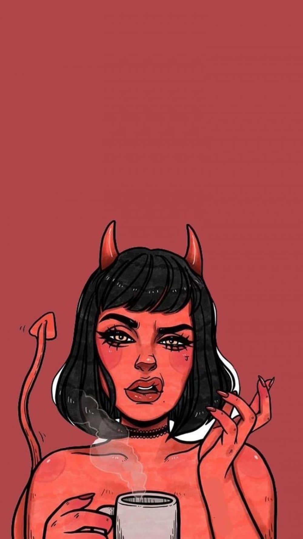 A Devil Woman Drinking Coffee Background