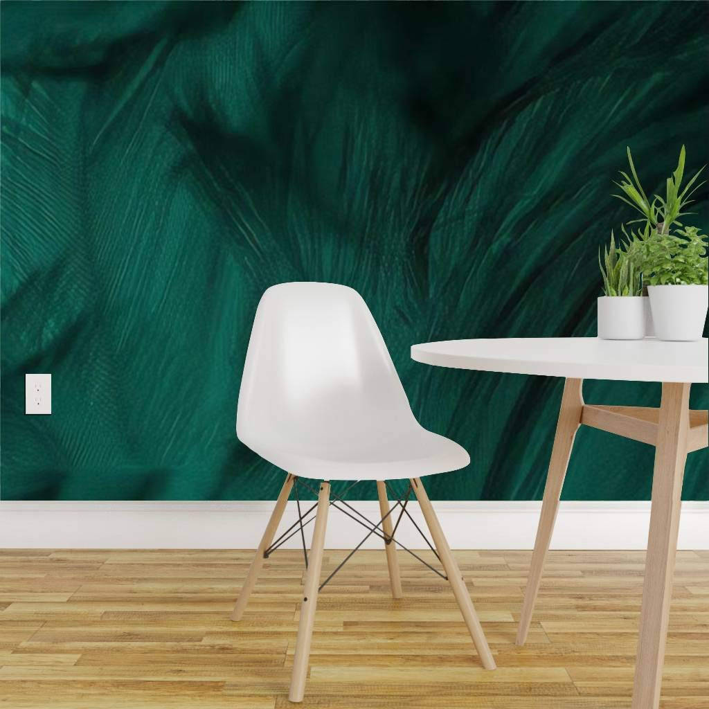 A Dining Room With A Green Wall Mural Background