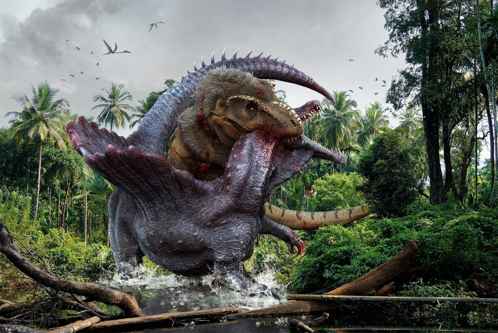 A Dinosaur Is Fighting Another Dinosaur In The Jungle Background