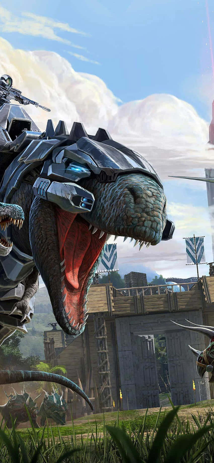 A Dinosaur Is Flying In Front Of A City Background