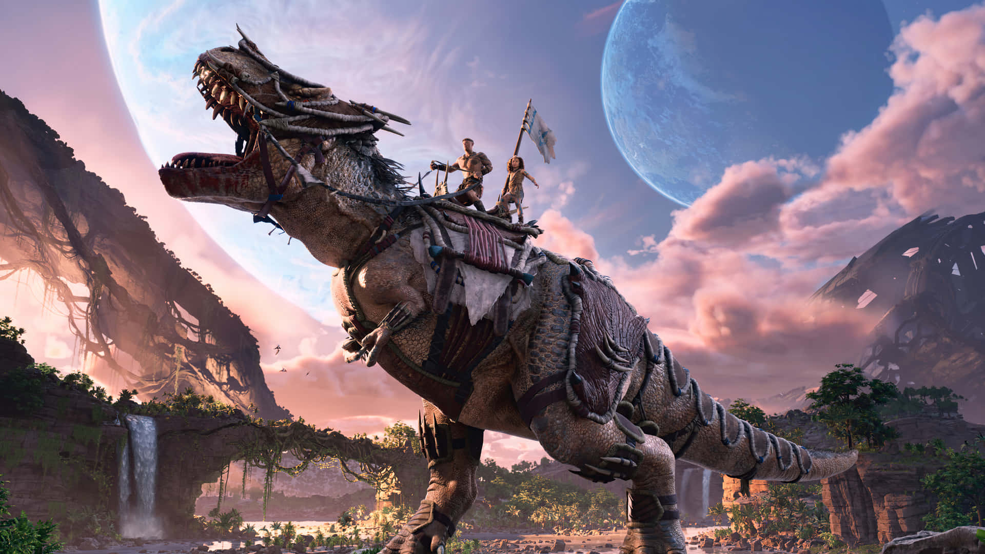 A Dinosaur Is Riding A Horse In A Fantasy World Background