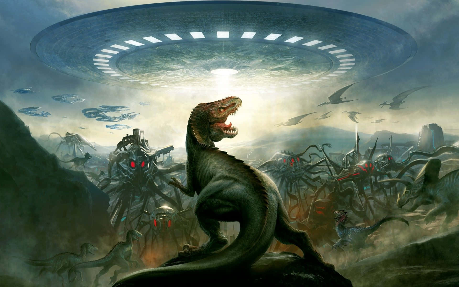 A Dinosaur Is Standing In Front Of A Spaceship Background
