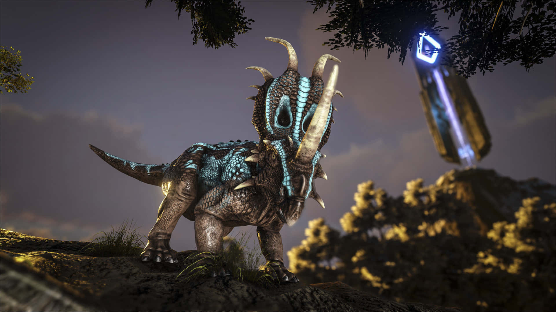 A Dinosaur Is Standing In The Middle Of A Forest Background