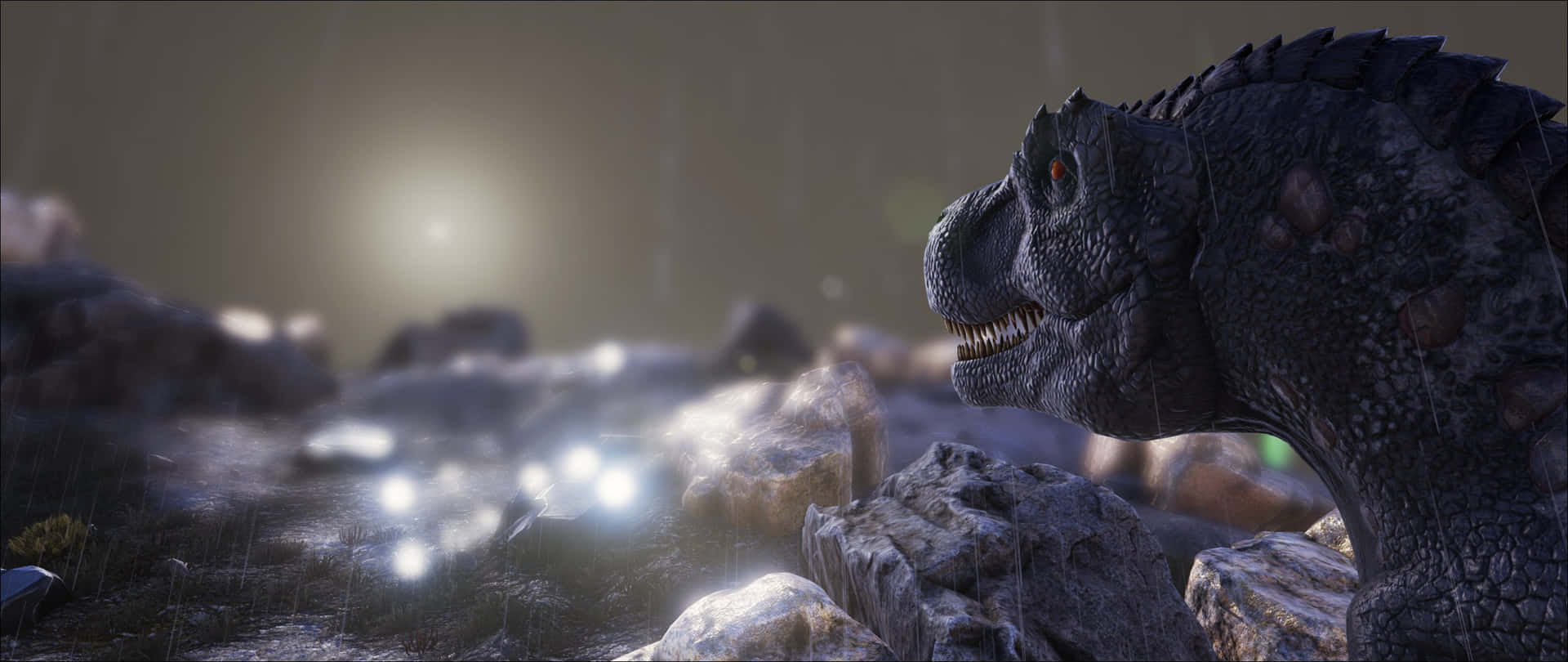 A Dinosaur Is Standing In The Middle Of A Rocky Area Background