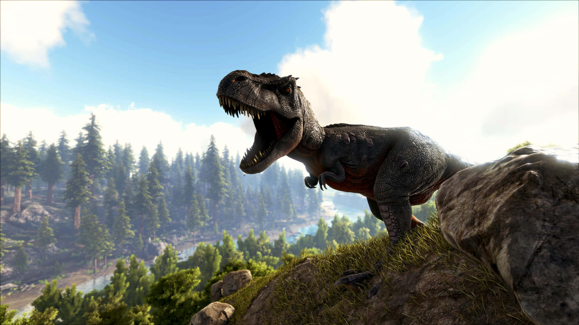 A Dinosaur Is Standing On A Rocky Hill Background