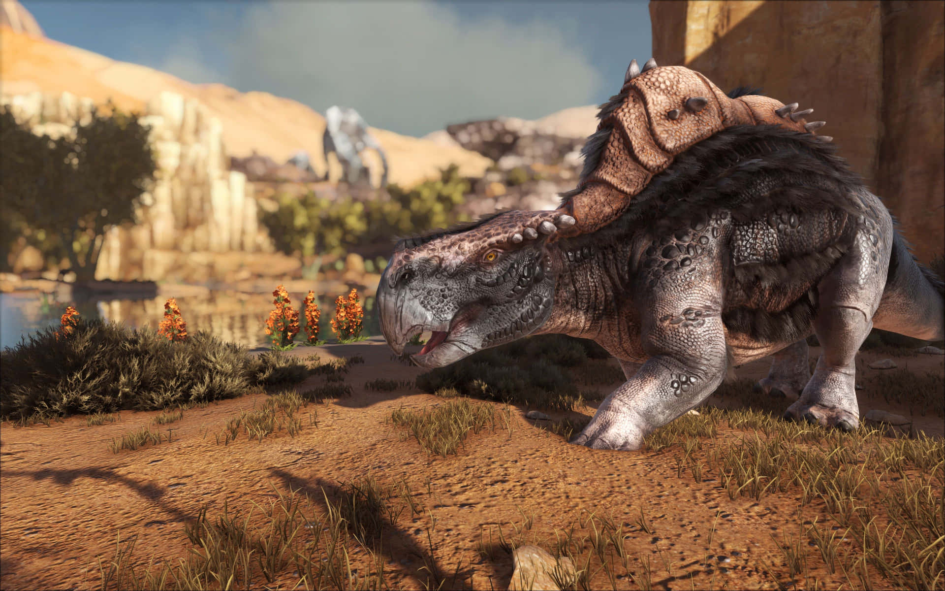 A Dinosaur Is Walking In The Desert