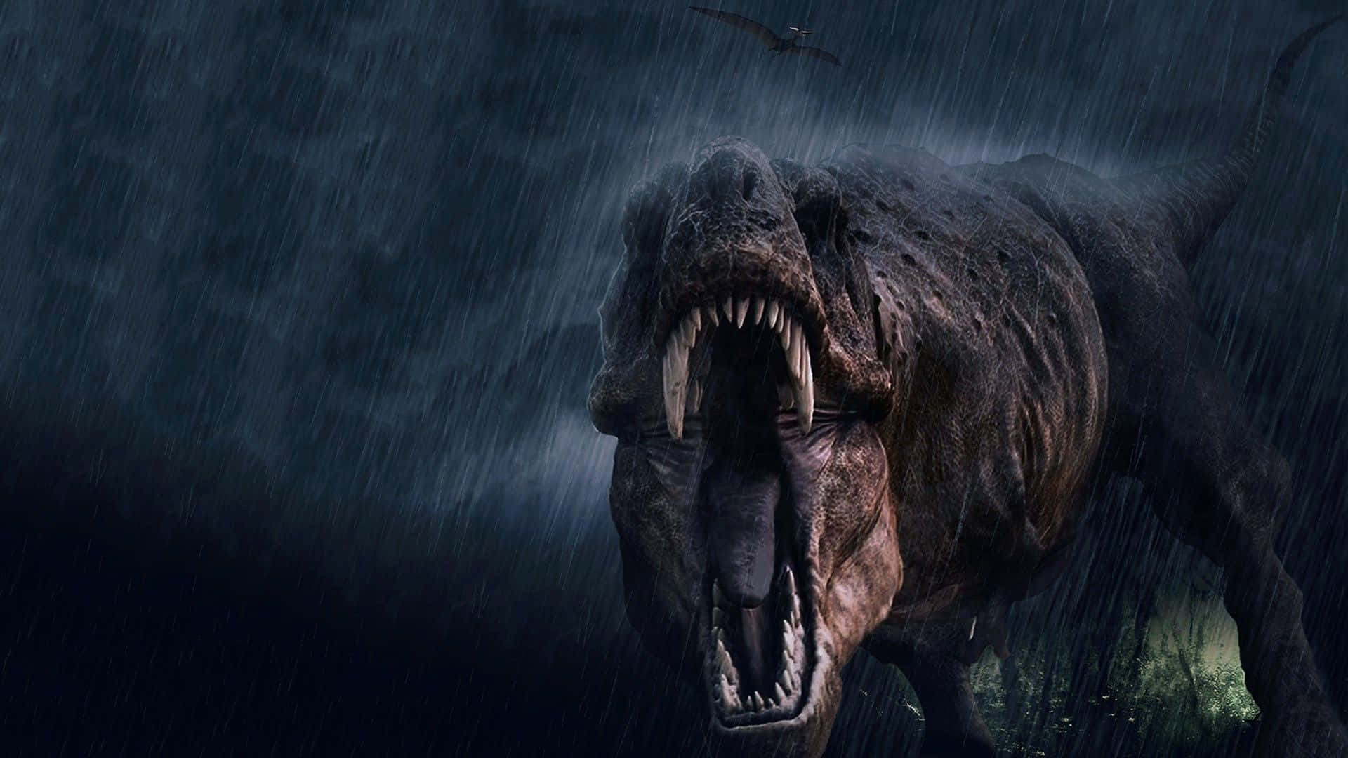 A Dinosaur Is Walking In The Rain With Its Mouth Open Background