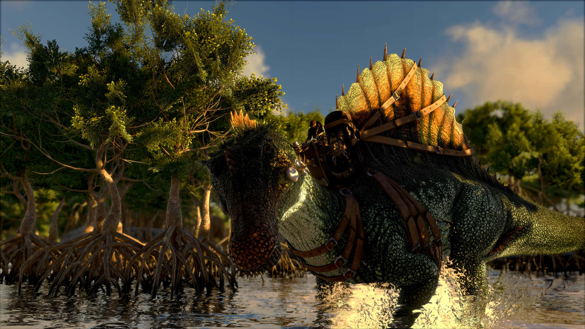 A Dinosaur Is Walking Through The Water Background