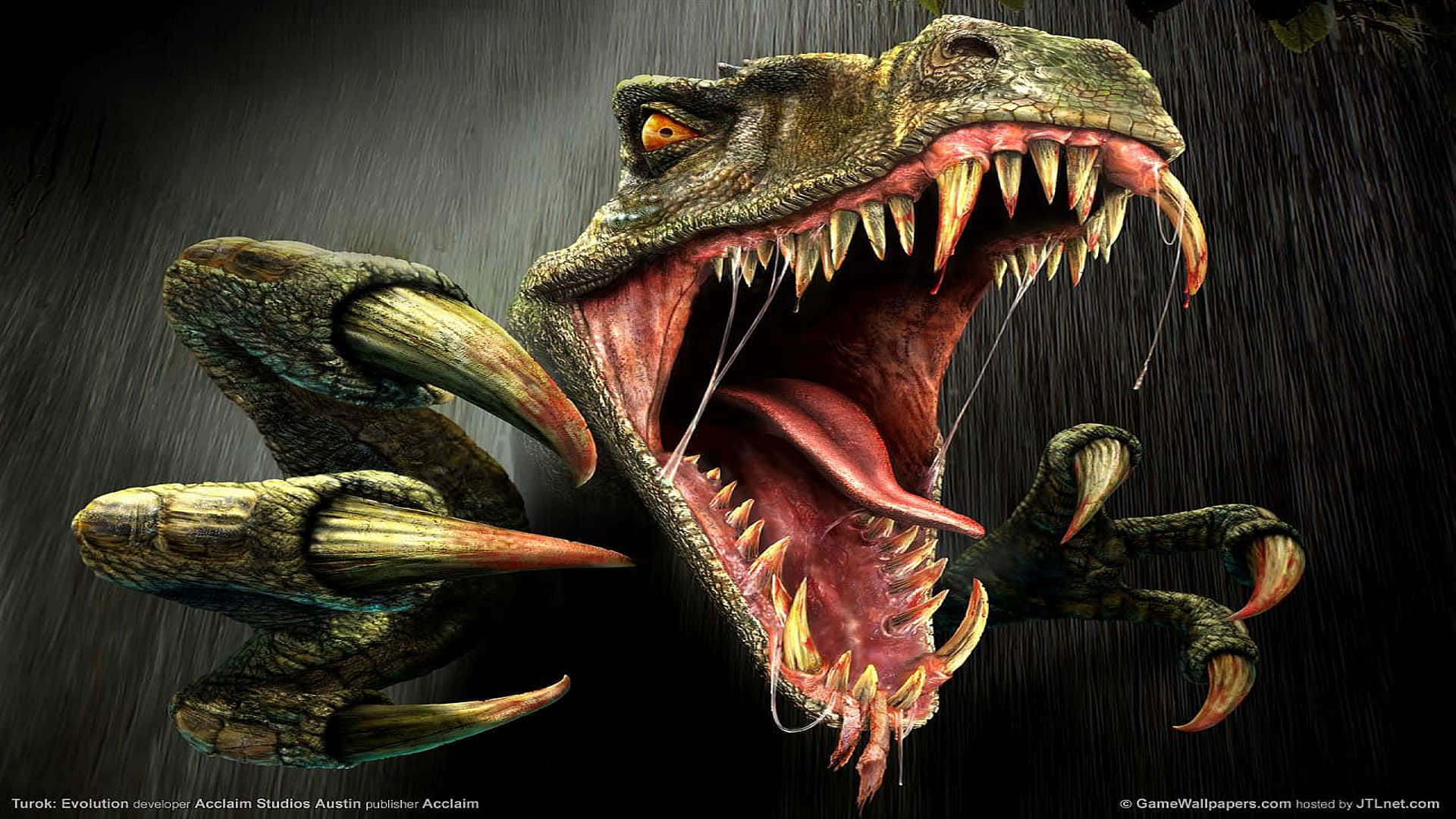 A Dinosaur With Its Mouth Open In The Rain Background