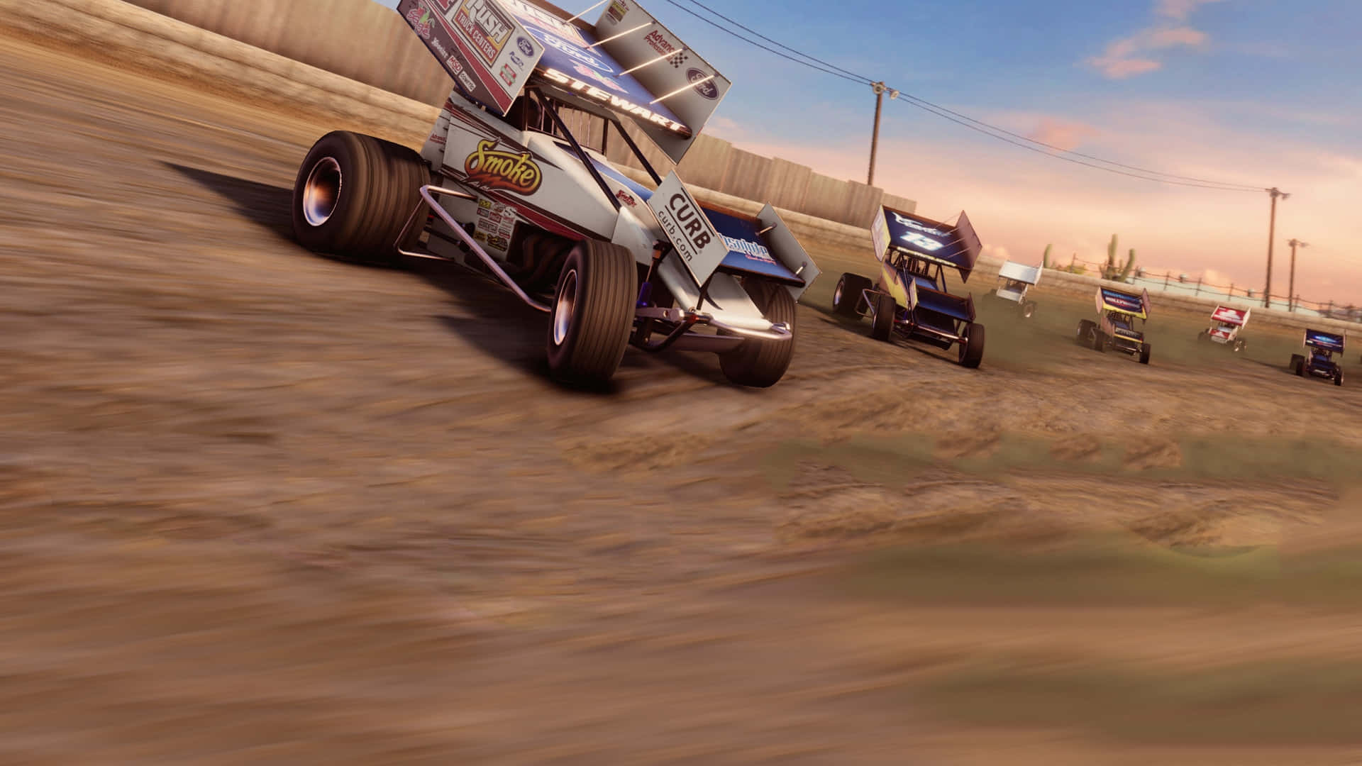 A Dirt Track With Several Cars Racing In The Background Background