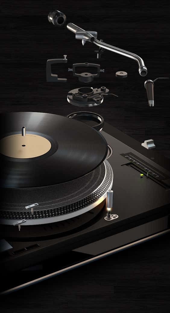 A Disassembled Turntable With Vinyl Record Background