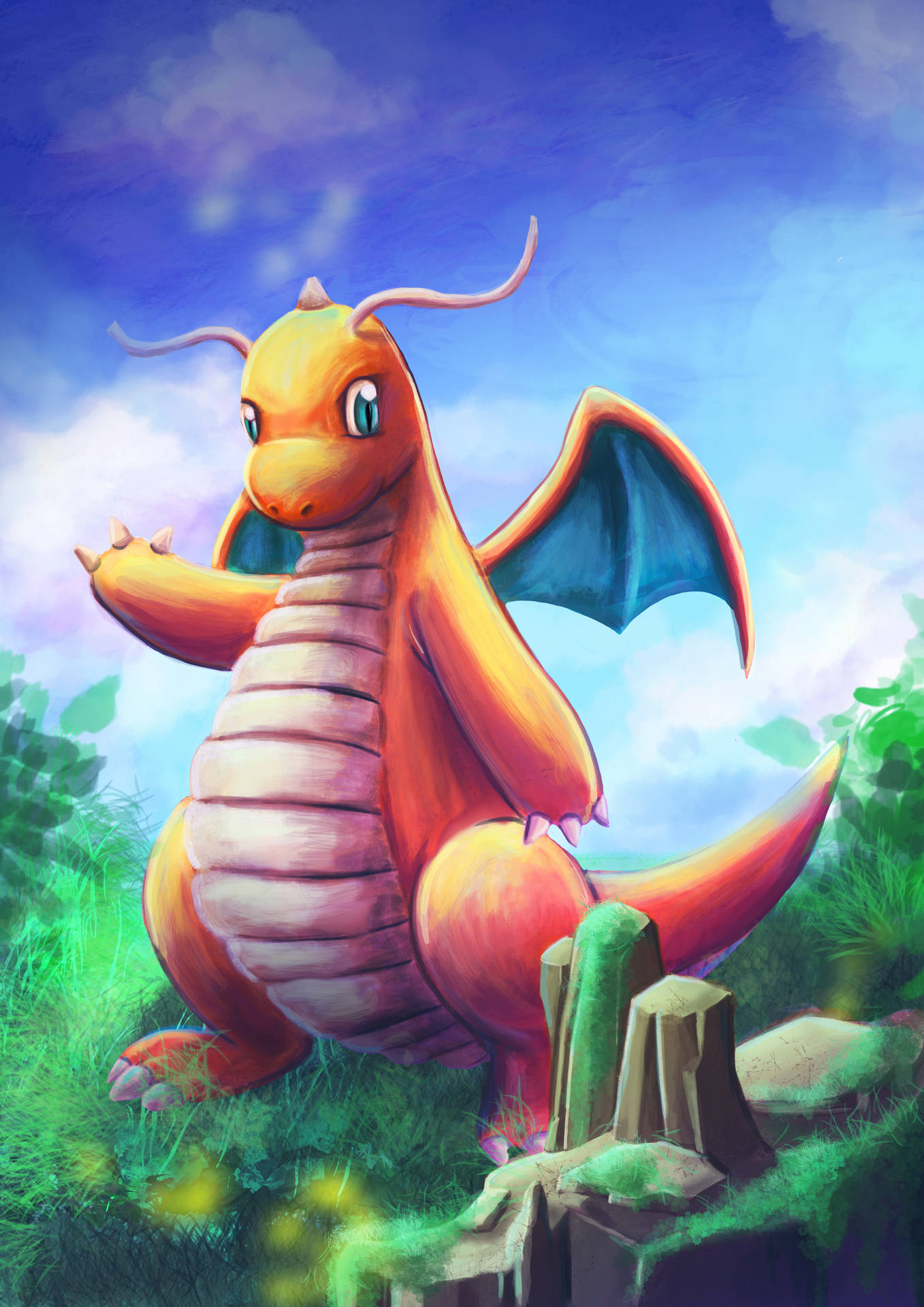 A Distinctive Painting Of The Legendary Dragonite Background