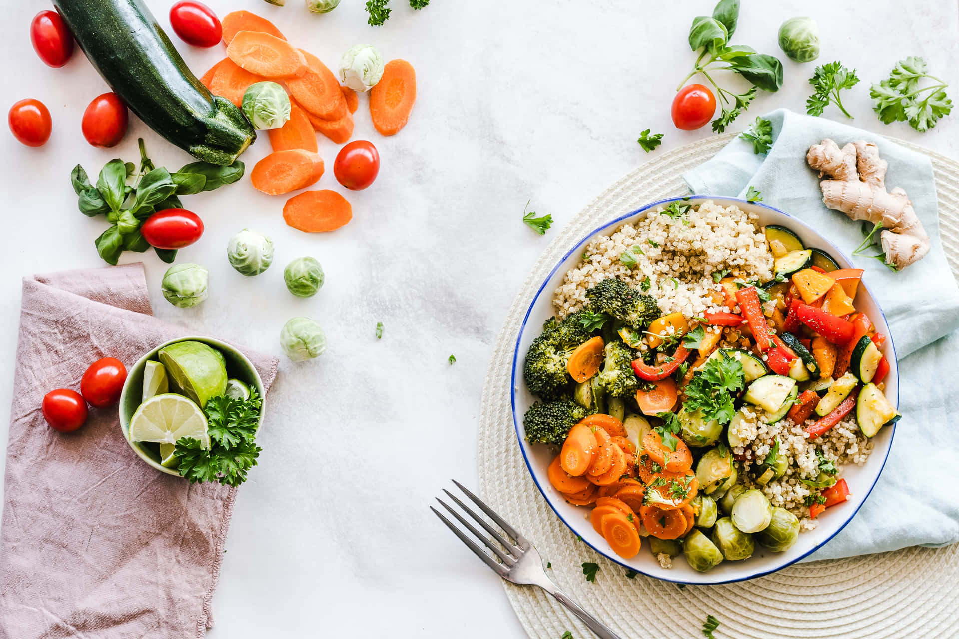 A Diverse Dish Of Healthy Grains And Colorful Vegetables Background