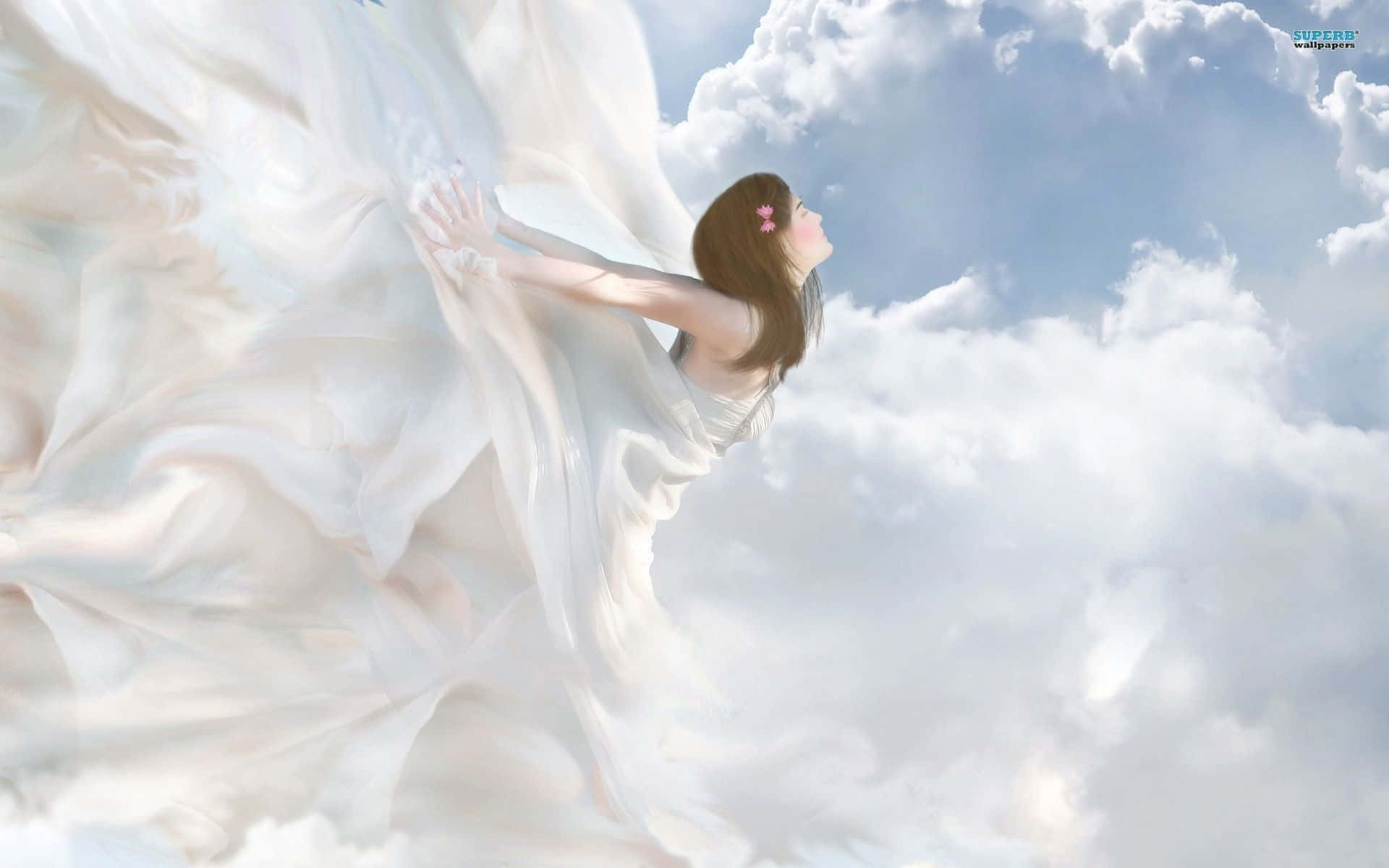 A Divine Angel Looks Over A Dreamy Sky Of Clouds Background