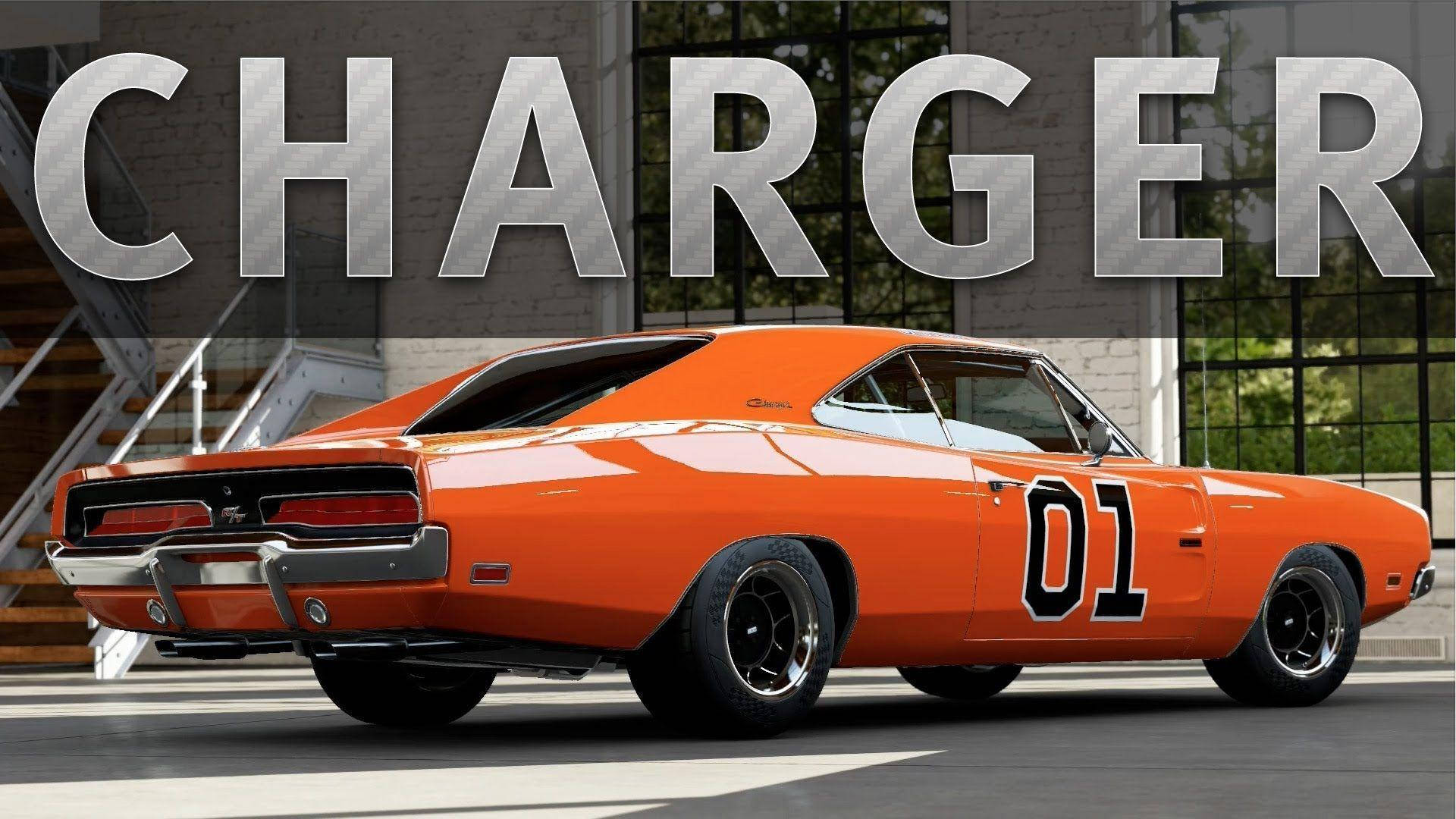 A Dodge Charger Parked In Front Of A Building Background