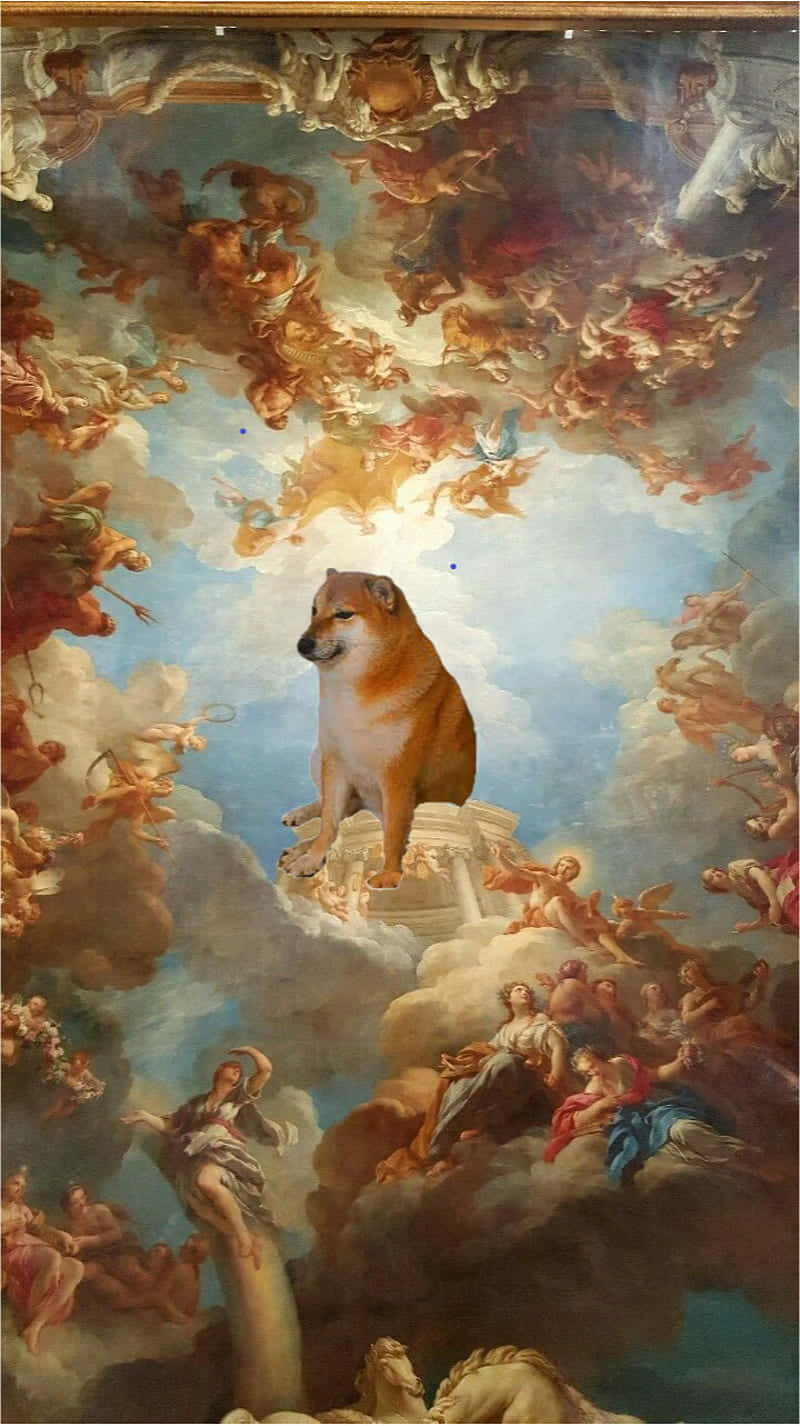 A Dog Is Sitting In The Clouds Above A Painting Background