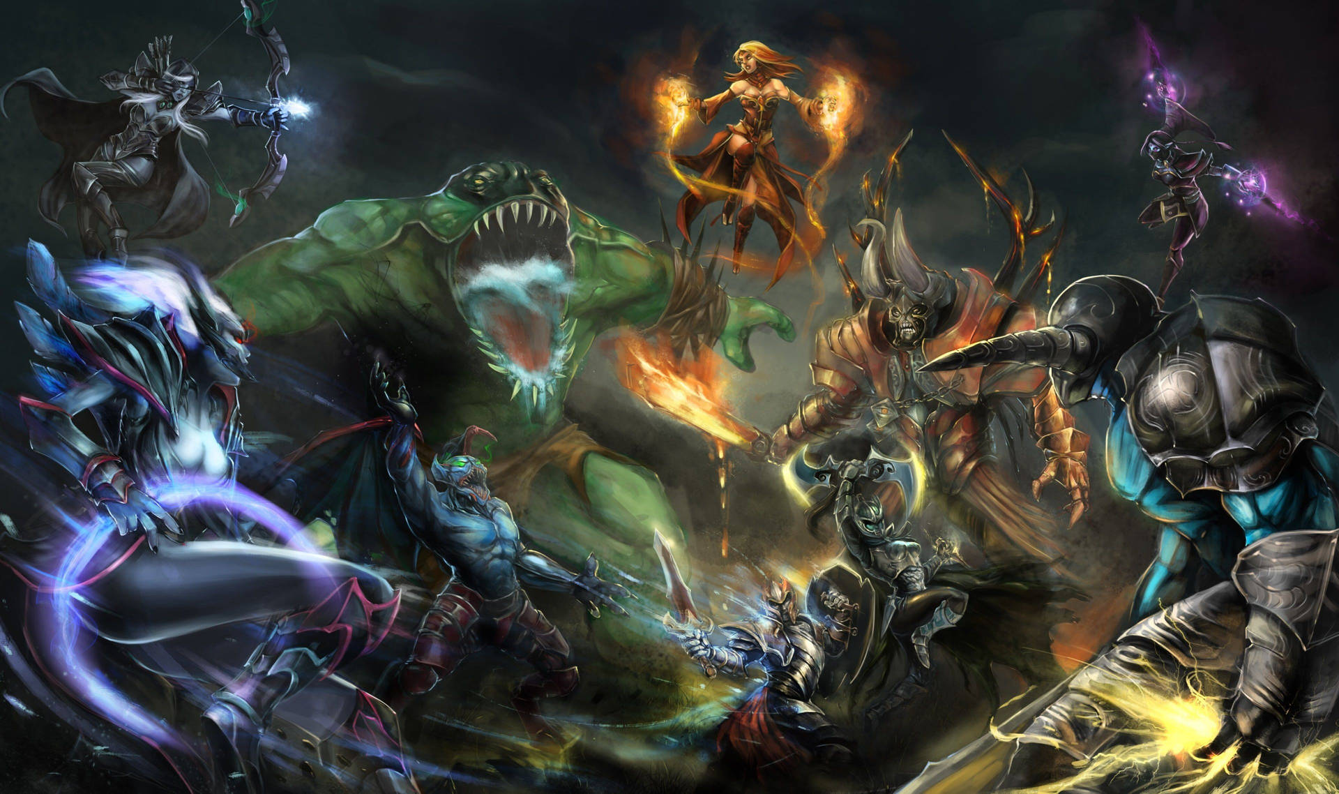 A Dota 2 Desktop Themed Design Featuring A Diverse Lineup Of Heroes Background