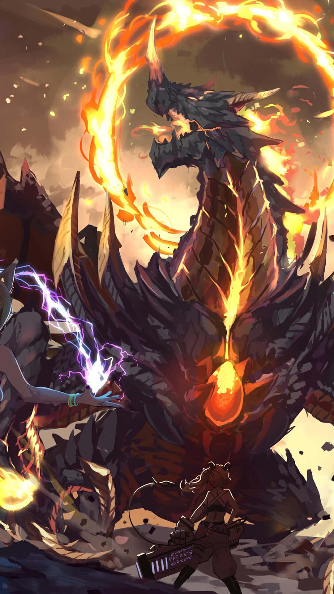 A Dragon And A Woman Fighting In Front Of A Fire Background