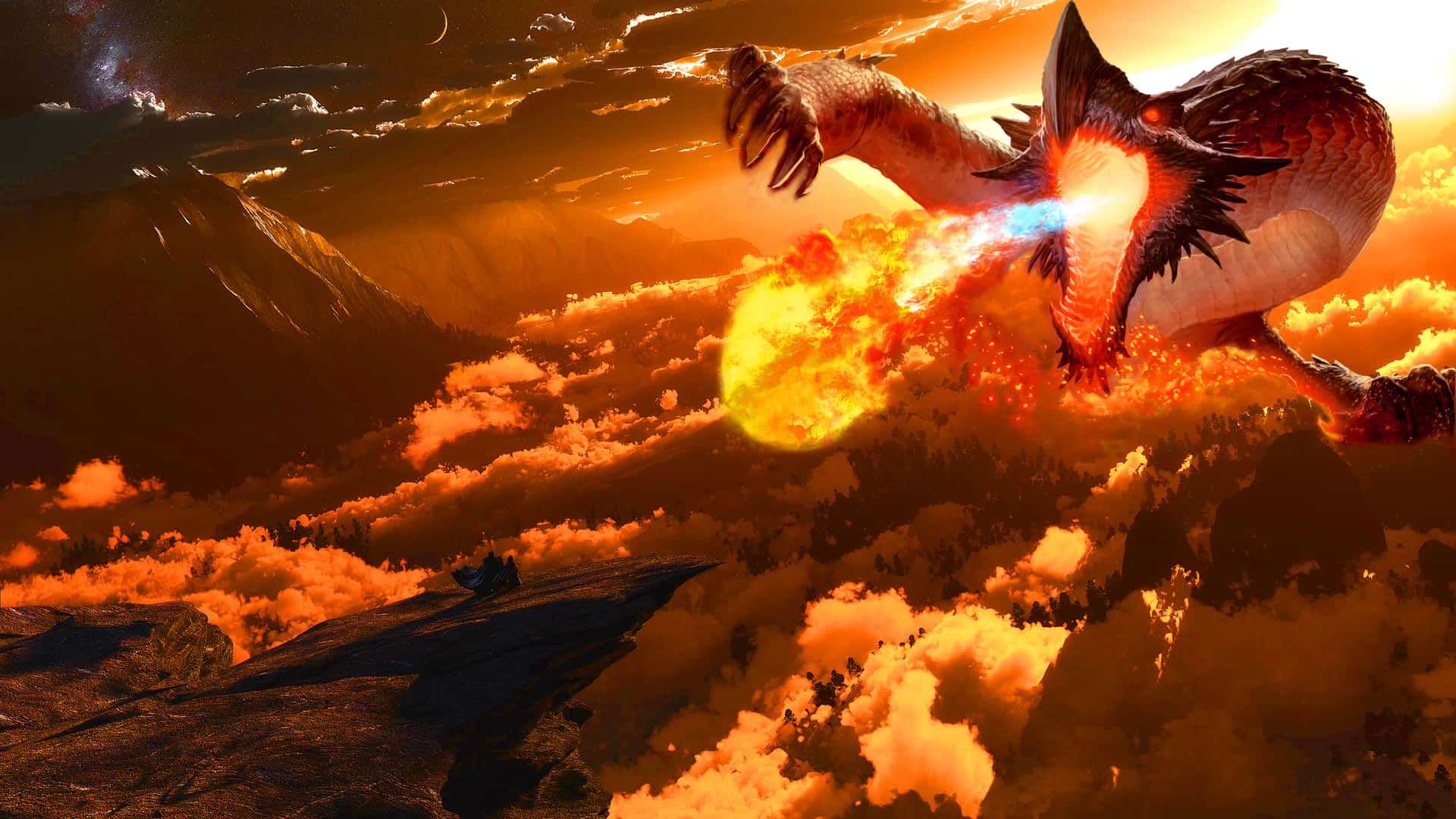 A Dragon Flying In The Sky With Fire Background