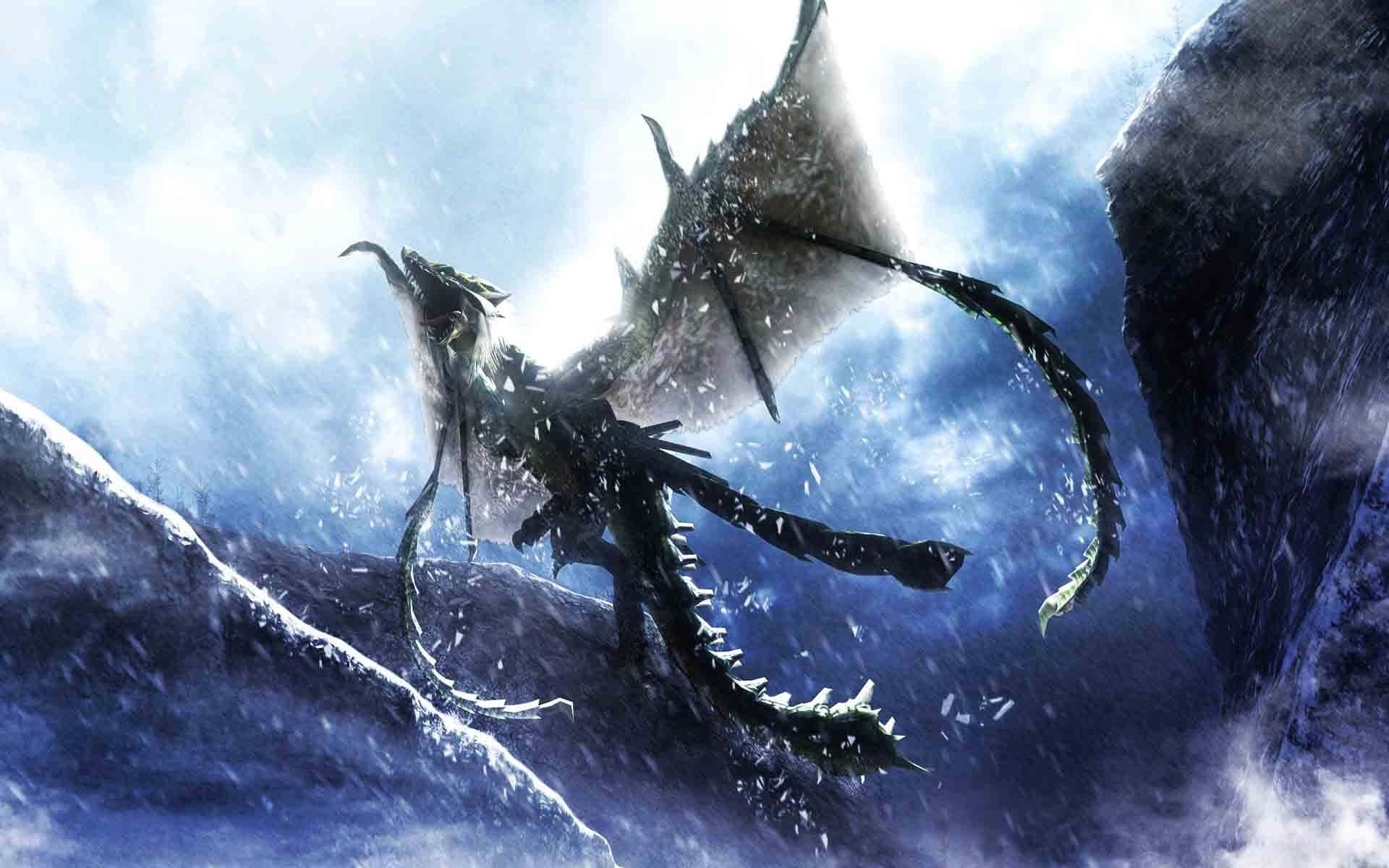 A Dragon Flying In The Snow Background