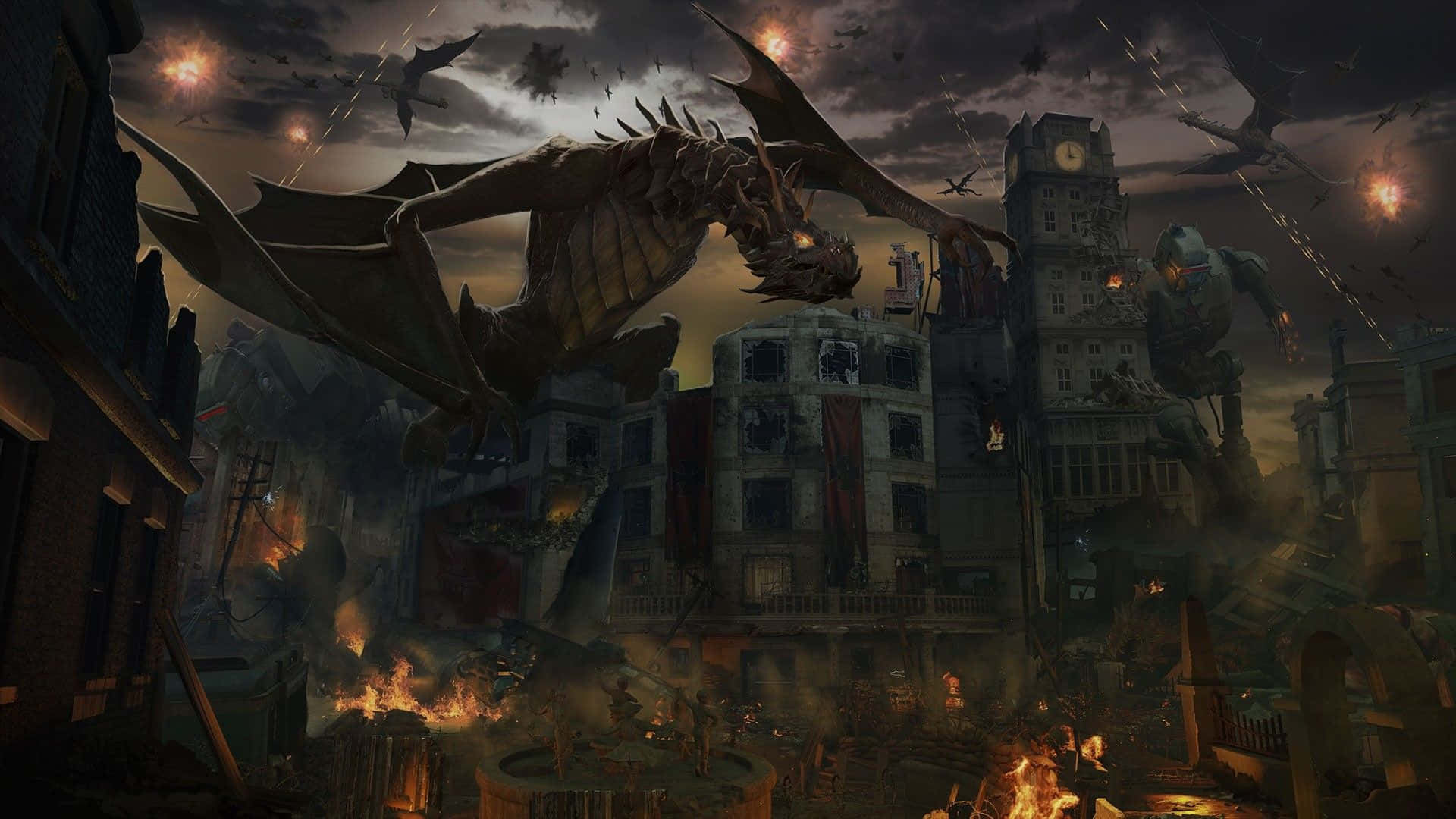 A Dragon Flying Over A City With Fire And Flames Background