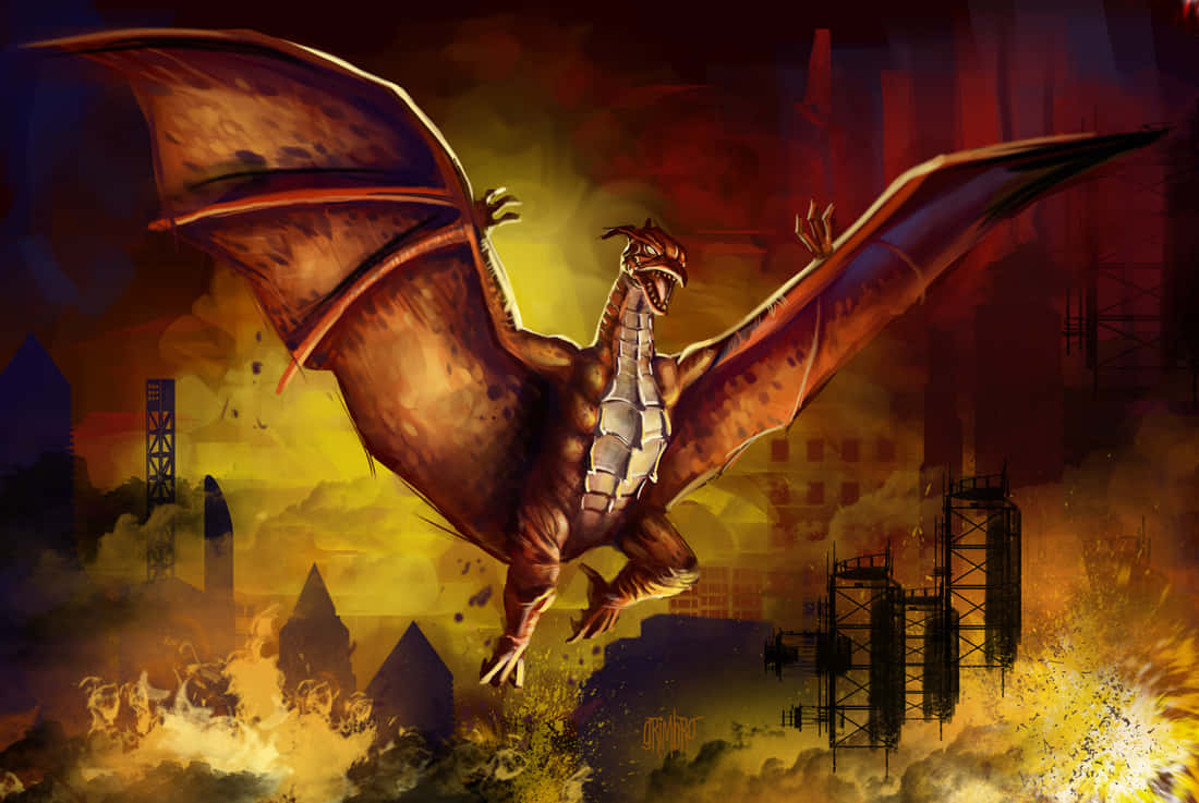 A Dragon Flying Over A City With Smoke And Fire Background