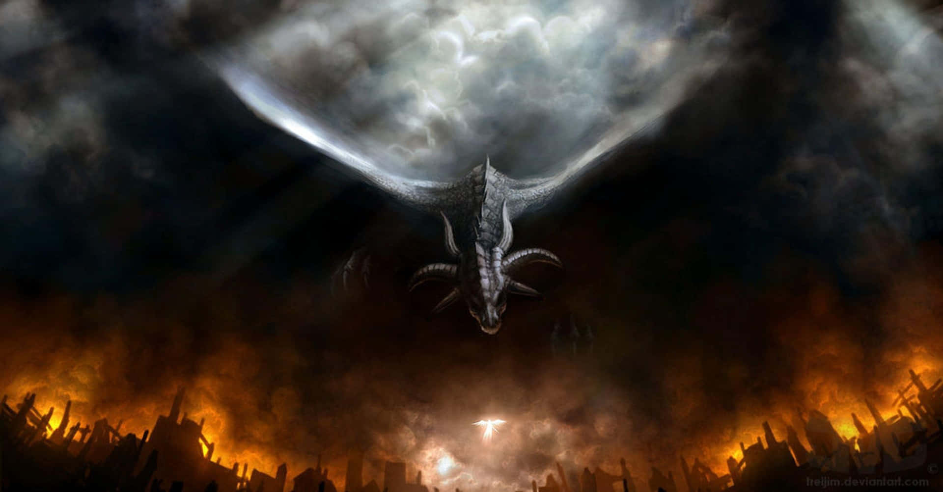 A Dragon Flying Over A Fire Background