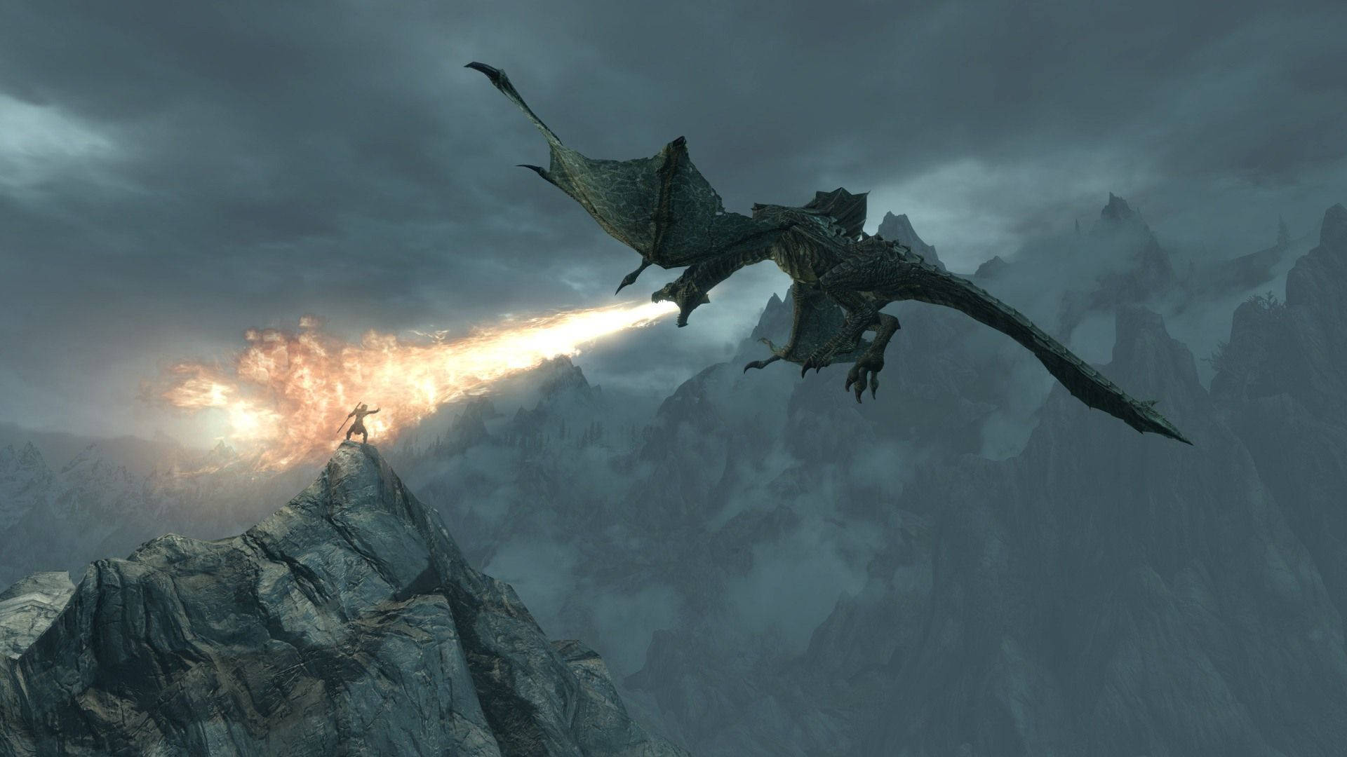 A Dragon Flying Over A Mountain With Flames Background